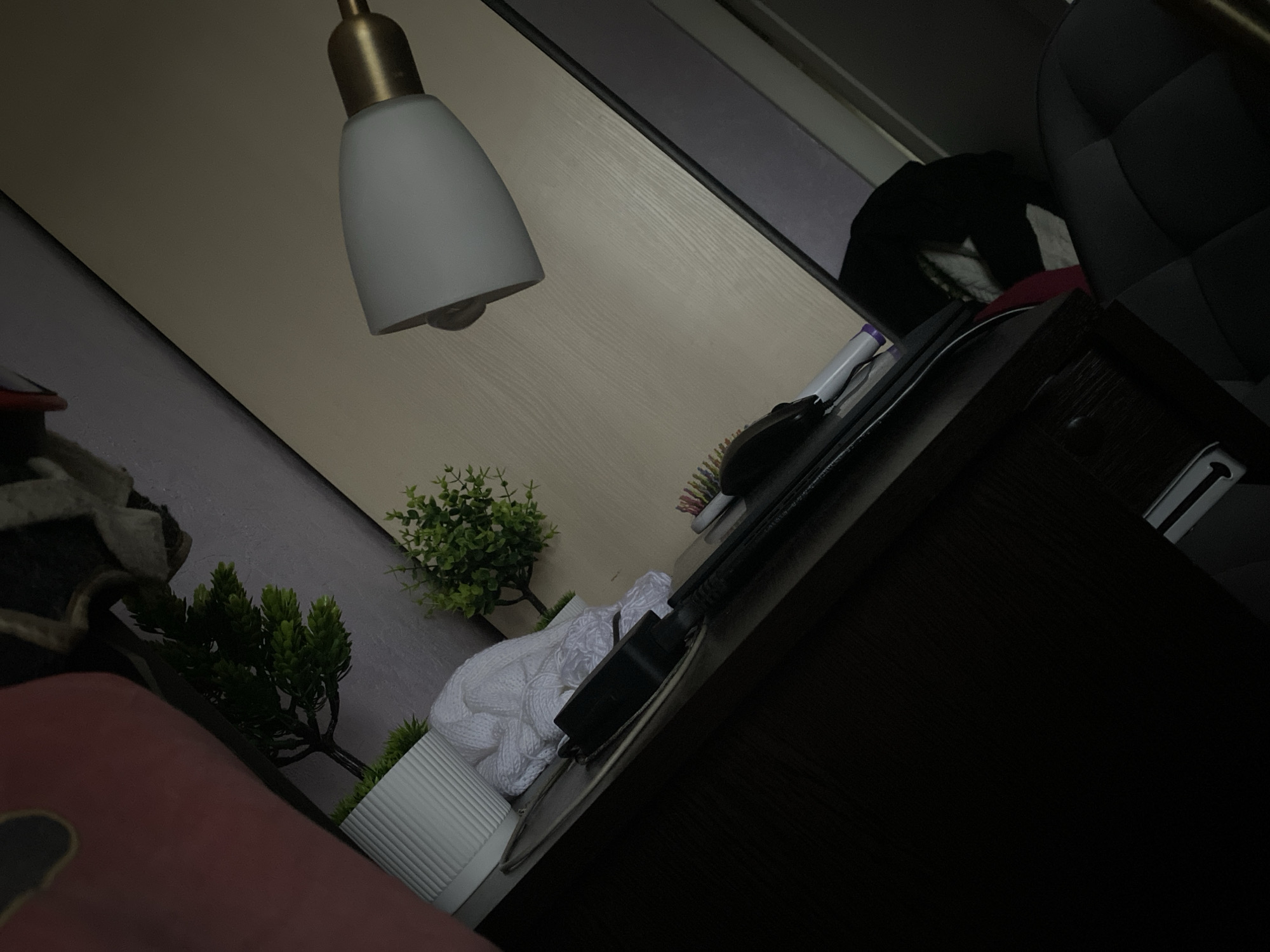 A low-angle, dimly lit indoor scene displays a portion of a desk surface. A desk lamp with a white shade and a gold-colored stem is positioned in the upper left. On the desk, from left to right, are a small potted plant, a white coiled object, and another potted plant with smaller leaves. Further back, a hairbrush is visible next to a white marker. A black power cord and a black object, possibly a power adapter, lie on the desk. In the background, the edge of a wooden structure and a section of a black office chair are discernible. The scene's location in Novokuznetsk, Russia, cannot be determined from the visual information provided.