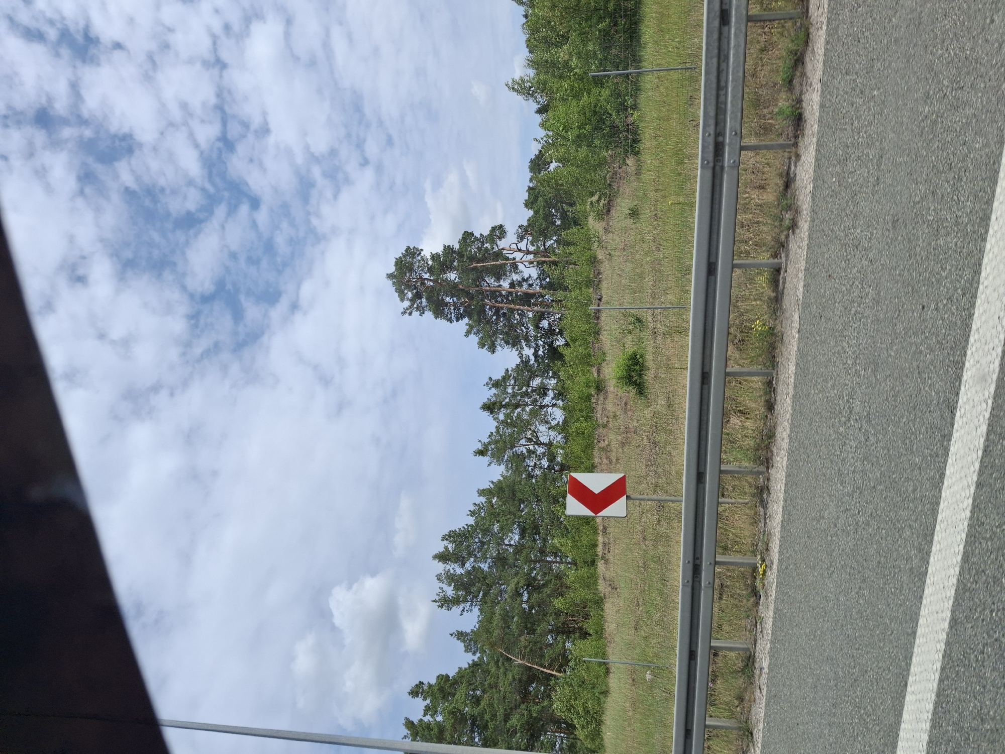 The image displays a roadside scene with a curve warning sign. The sign, a white rectangle with a red arrow pointing left, is positioned to the right of a metal guardrail. Beyond the guardrail, a grassy embankment is topped with a dense line of evergreen trees. The sky above is partly cloudy with scattered white clouds against a blue background. The foreground shows an asphalt road with a white line marking its edge. The location is specified as Brzoza, Poland.