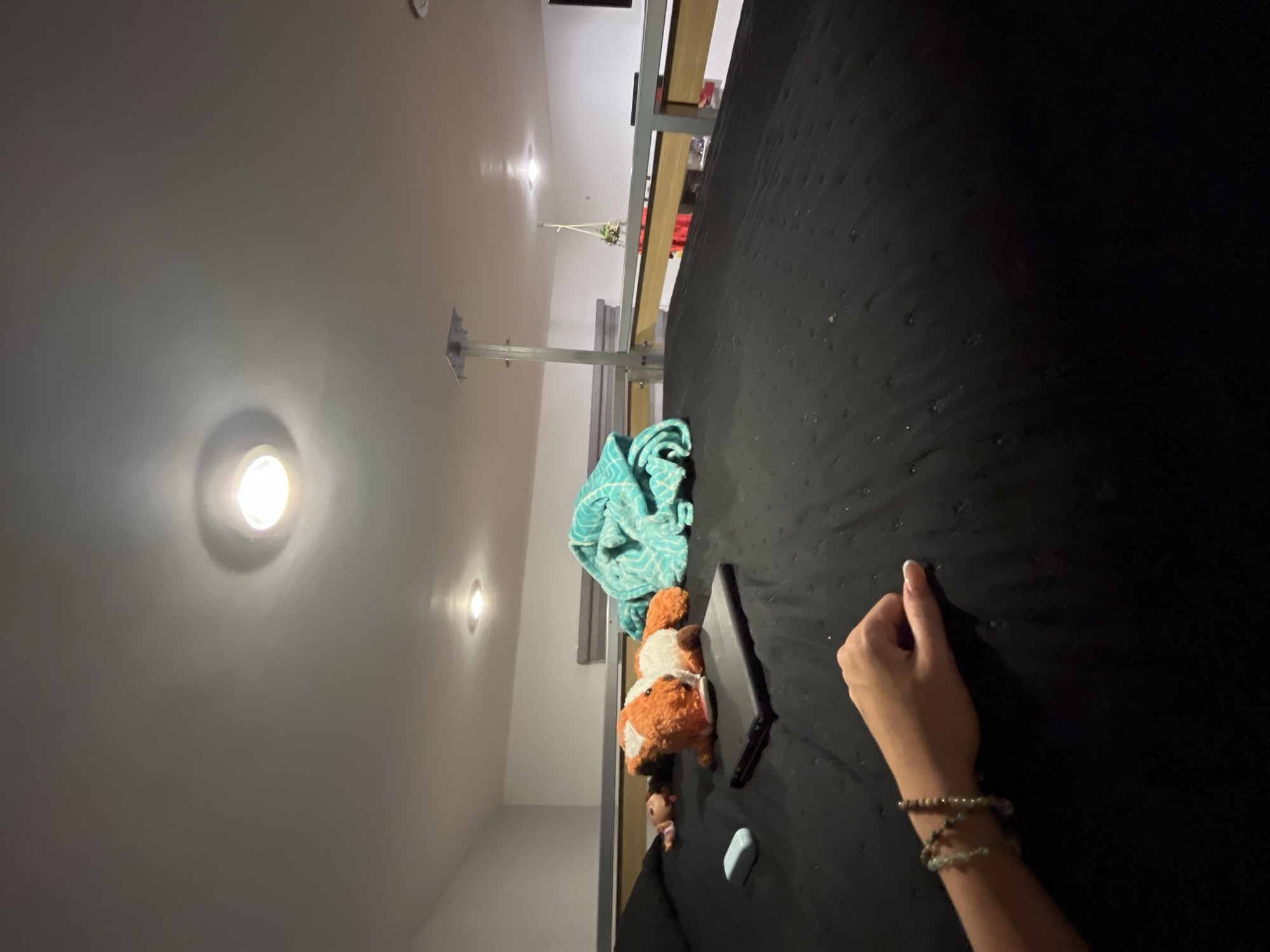 The image shows an interior space with a bed dominating the view. A hand and arm wearing bracelets are visible in the lower right corner of the frame, near a closed black laptop, a blue eraser, a plush fox, a doll, and a blue towel. Above this, the camera captures a supporting structure for the bed and, in the distance, a plant hanger. The ceiling is white with embedded lighting. The scene is underexposed, obscuring some details. There is no explicit information to determine if the location is San Bernardino Tlaxcalancingo, Mexico.