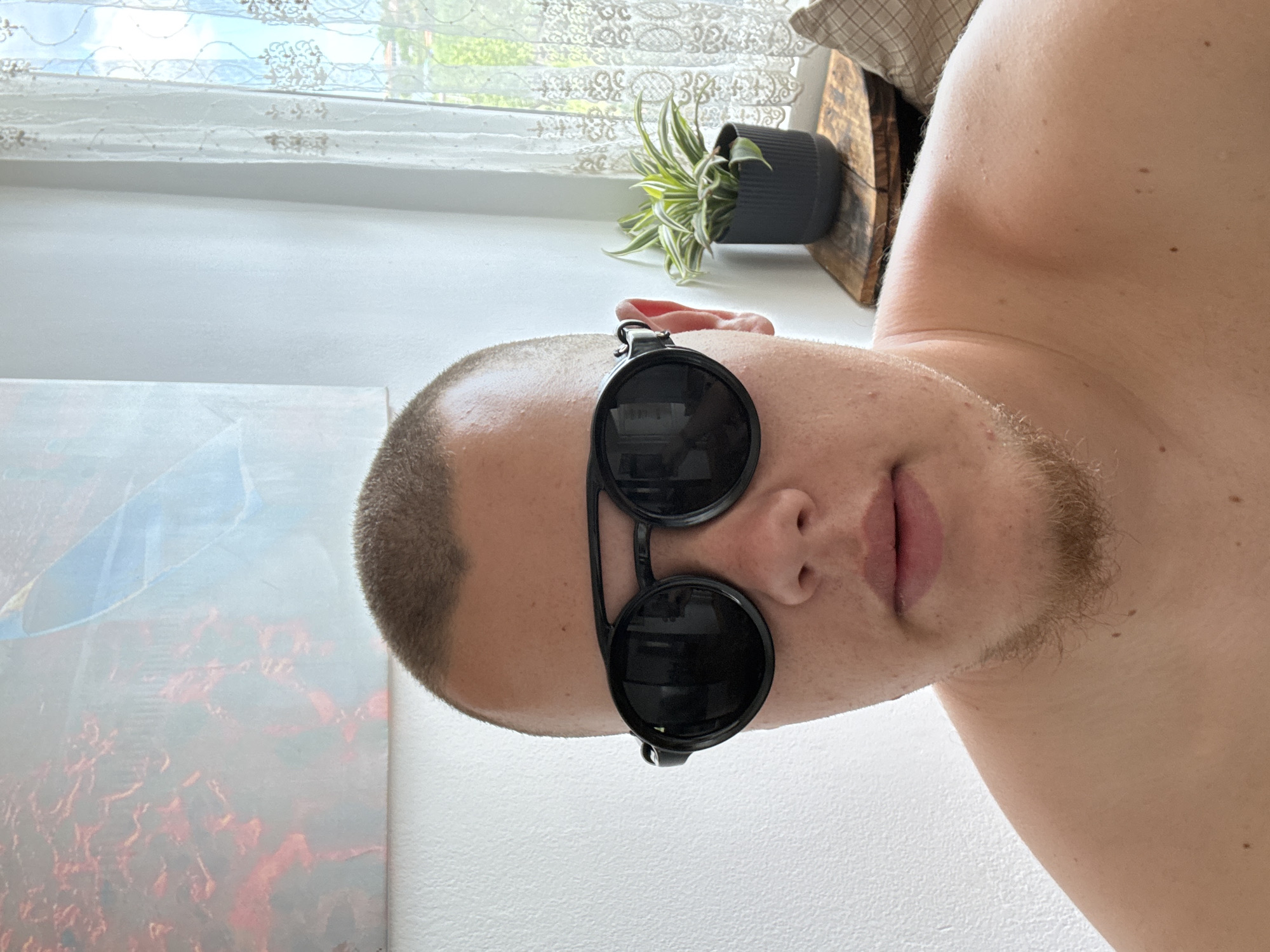 A vertically oriented close-up shot shows a person wearing round, black sunglasses. The person has short, light-colored hair and a stubbly beard. Part of their bare shoulder is visible. The background includes a white wall, a painting with red and blue hues, a window with a lace curtain, and a small potted plant. The location is not identifiable as Livada, Bulgaria, based on the image alone.