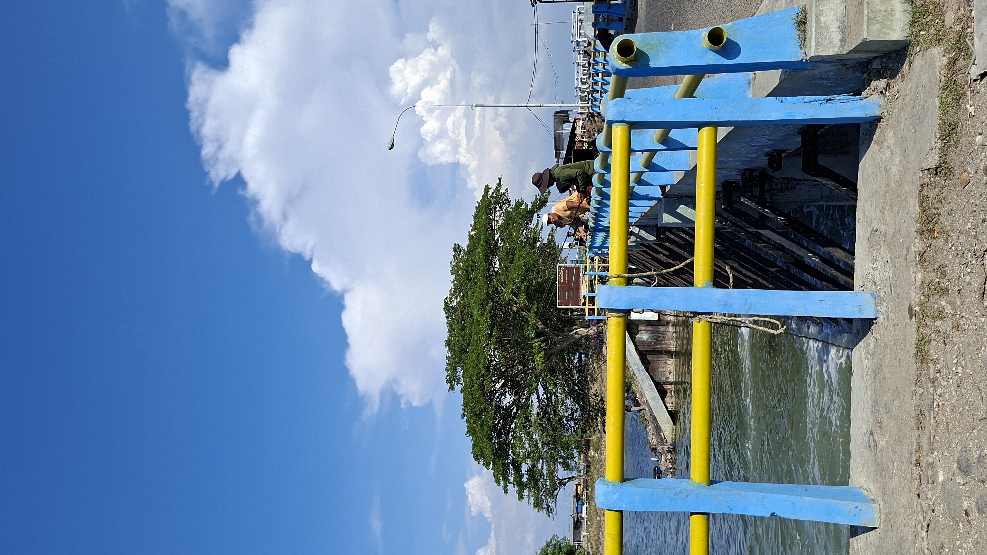 The image depicts a scene at the Ujong Blang Dam in Lhokseumawe, Indonesia. Two individuals are visible on a bridge, leaning over a railing. One person, wearing a hat and a green jacket, appears to be engaged in fishing, as indicated by a rod. The other individual, wearing a white cap and a yellow shirt, is also near the railing. The bridge has blue and yellow painted railings. Below the bridge, water is flowing, creating a foamy surface, suggesting the dam is operational. A large, leafy tree stands prominently on the left side of the image, near the water's edge. In the background, there are some structures and a streetlamp. The sky is bright blue with scattered white clouds. The overall environment is an outdoor setting near a body of water, likely a river or sea.