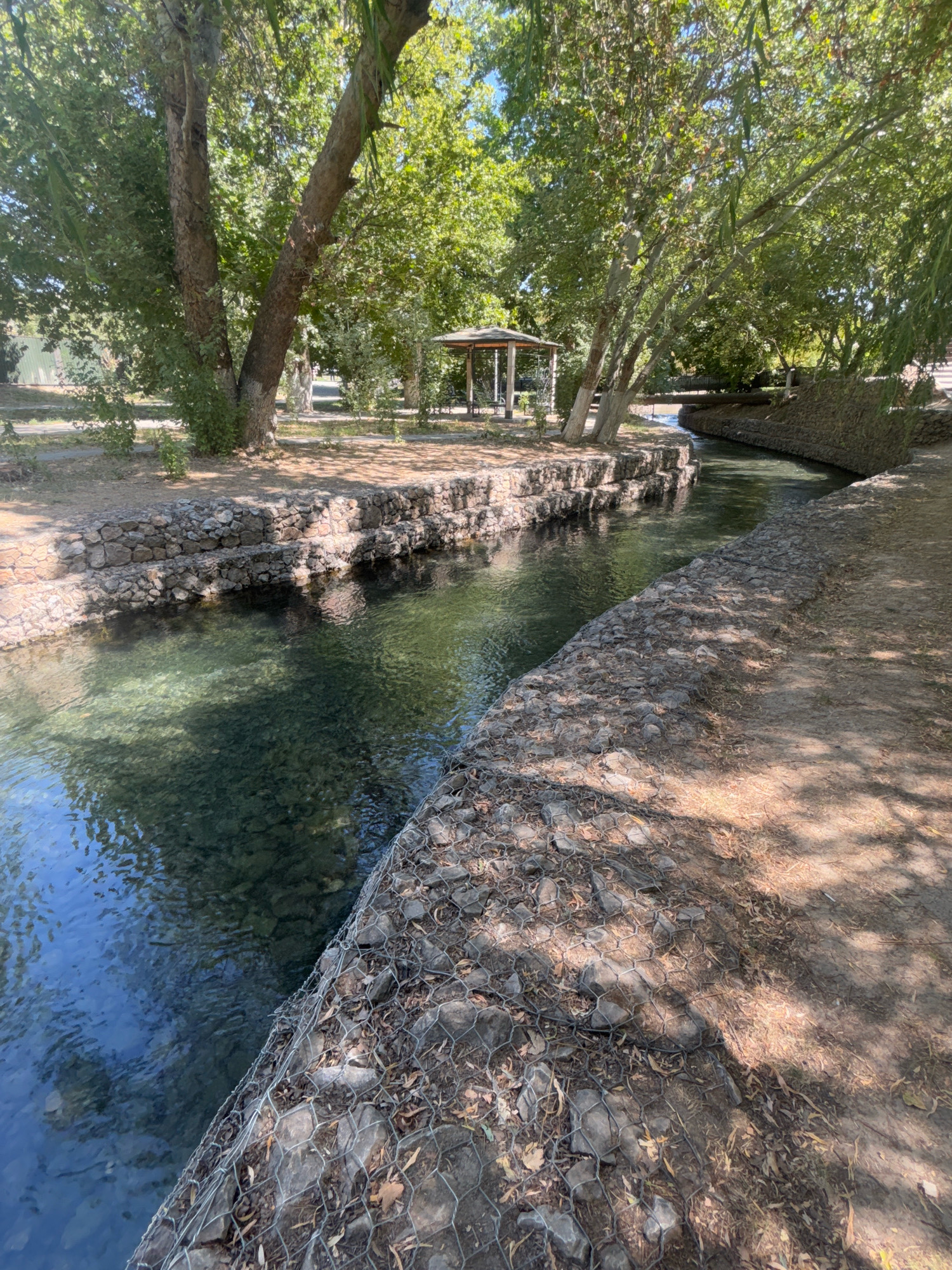 The image depicts a serene park scene, likely within the city of Shymkent, Kazakhstan, featuring a clear, shallow stream flowing through a paved area bordered by stone walls and lush greenery. Mature trees with dense foliage provide ample shade, casting dappled light onto the ground and water. A small, octagonal gazebo with a peaked roof is visible in the background, suggesting a public recreational space. The stream's banks are reinforced with wire cages filled with stones, a common practice for erosion control. The water is so transparent that the rocky bottom is clearly visible. The overall atmosphere is peaceful and natural, indicative of a well-maintained park designed for relaxation and enjoyment. There are no people visible in the image.