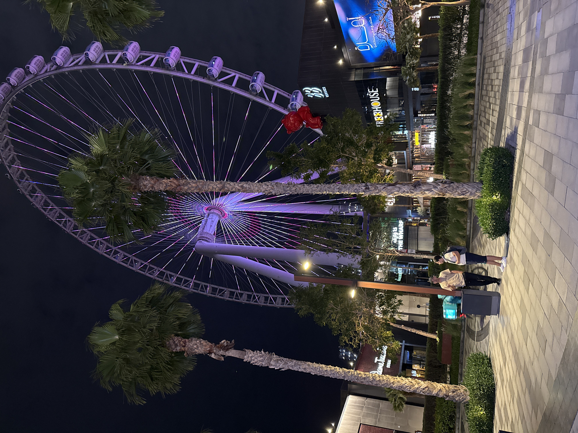 This nighttime shot showcases a large Ferris wheel illuminated with purple and pink lights in Dubai, United Arab Emirates. The Ferris wheel is partially obstructed by tall palm trees. Nearby buildings, including a structure advertising "TREEHOUSE" and another indicating "dame Tussauds DUBAI," are visible. A group of people stands on a paved walkway near some shrubbery. A modern light pole provides additional illumination.