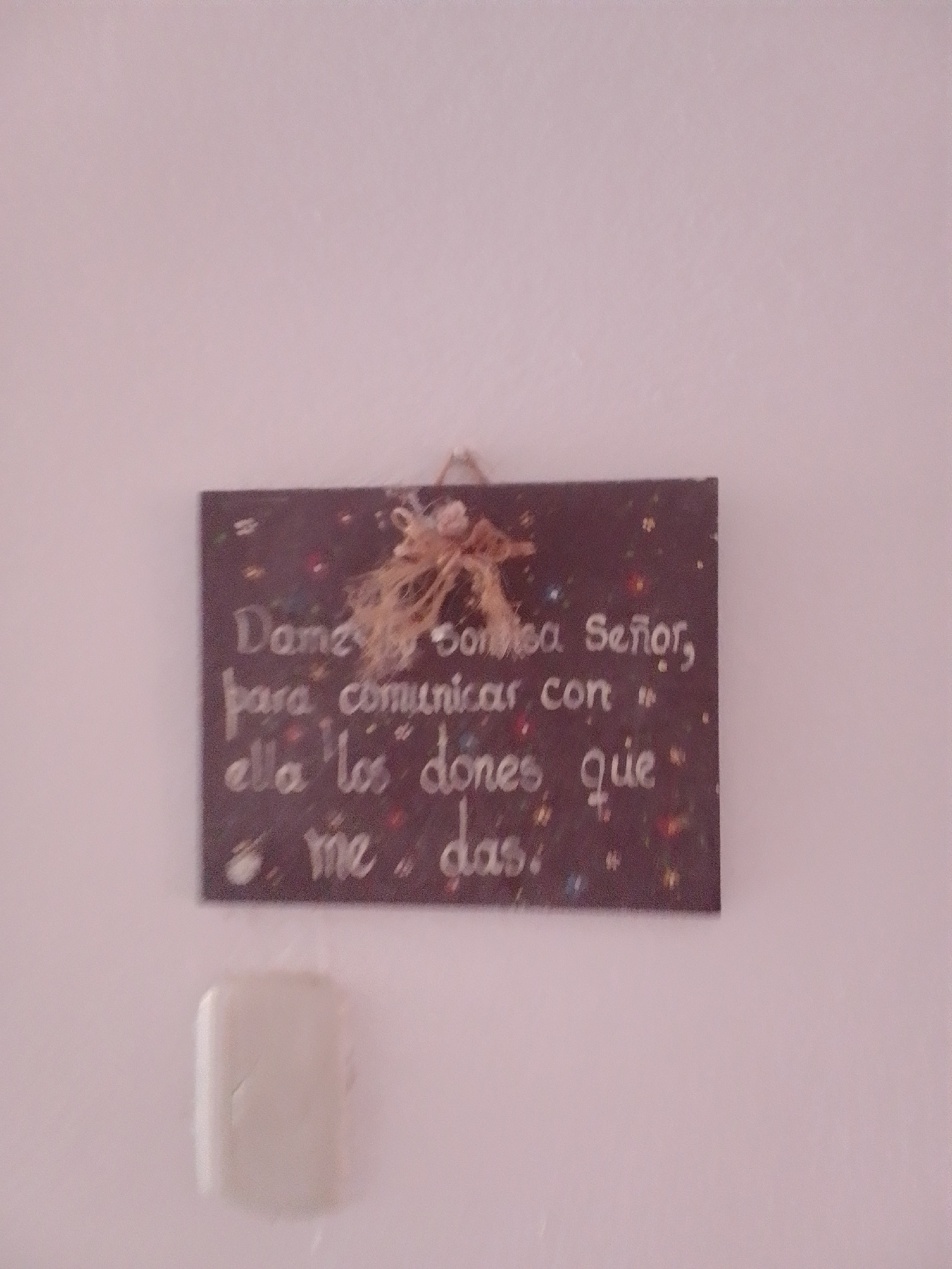 A dark, rectangular plaque with white lettering is hung on a pale pink wall. The plaque is adorned with small, colorful dots and a decorative bow made of twine and dried plant material is attached to the top center.
The white text on the plaque reads:
"Danos Señor,
para comunicar con
ella los dones que
me das."
This translates to: "Give us Lord, to communicate with her the gifts that you give me."
Below the plaque, a light-colored, rectangular object with rounded edges is attached to the wall. It appears to be a light switch cover or an electrical outlet cover.
The scene appears to be indoors, in a domestic setting given the presence of the plaque and the light fixture. The lighting suggests it is daytime. There are no people visible in the image. The overall mood is calm and devotional, implied by the religious text on the plaque.