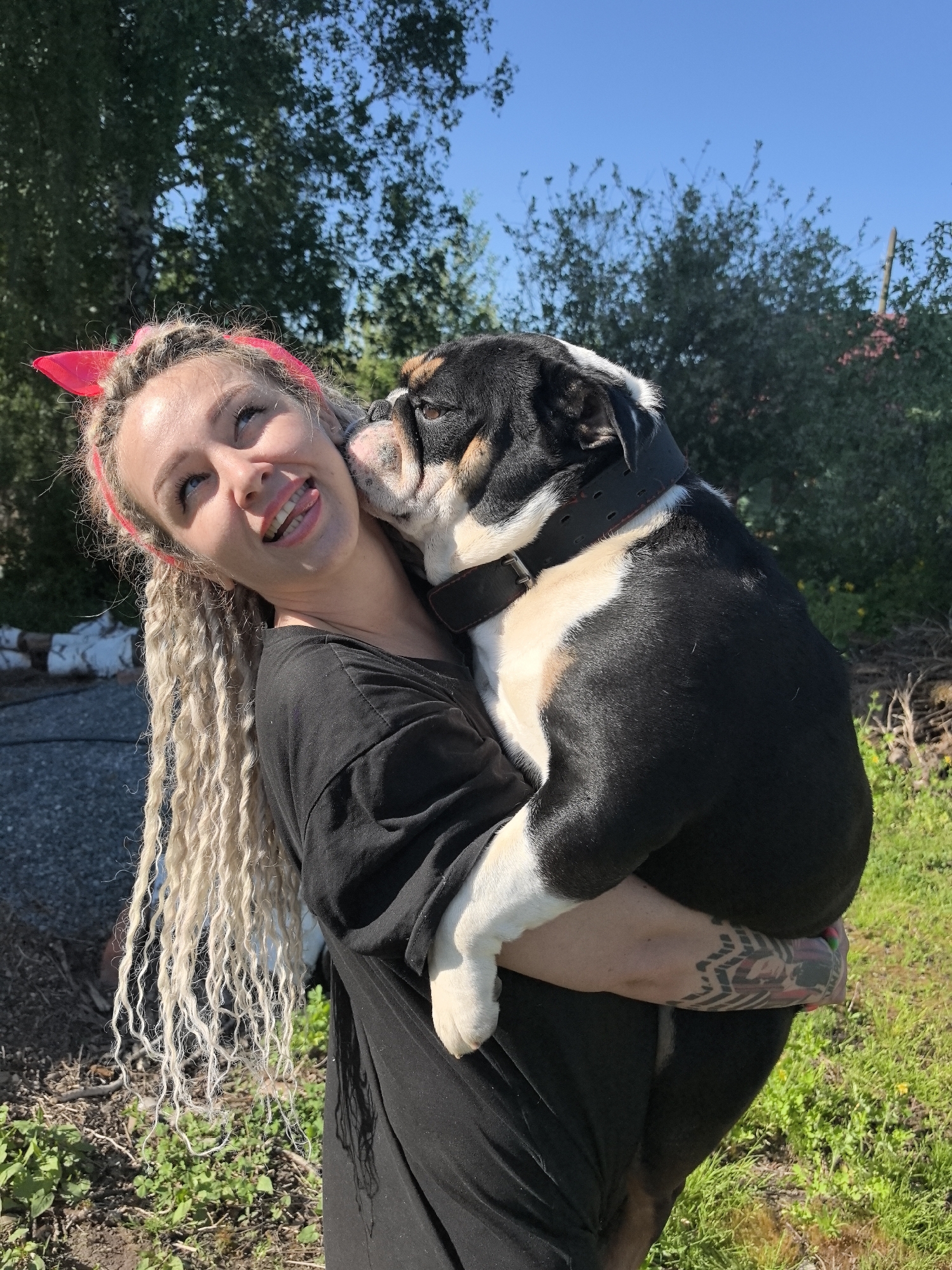 A Caucasian woman with blonde dreadlocks and a red headband is holding a black and white English Bulldog in an outdoor setting. She is wearing a black T-shirt. The woman is sticking her tongue out and looking upwards. The bulldog appears to be licking her face. The background features trees, bushes, and a patch of grass. The exact location in Noviy, Russia, is indeterminable from this single image.