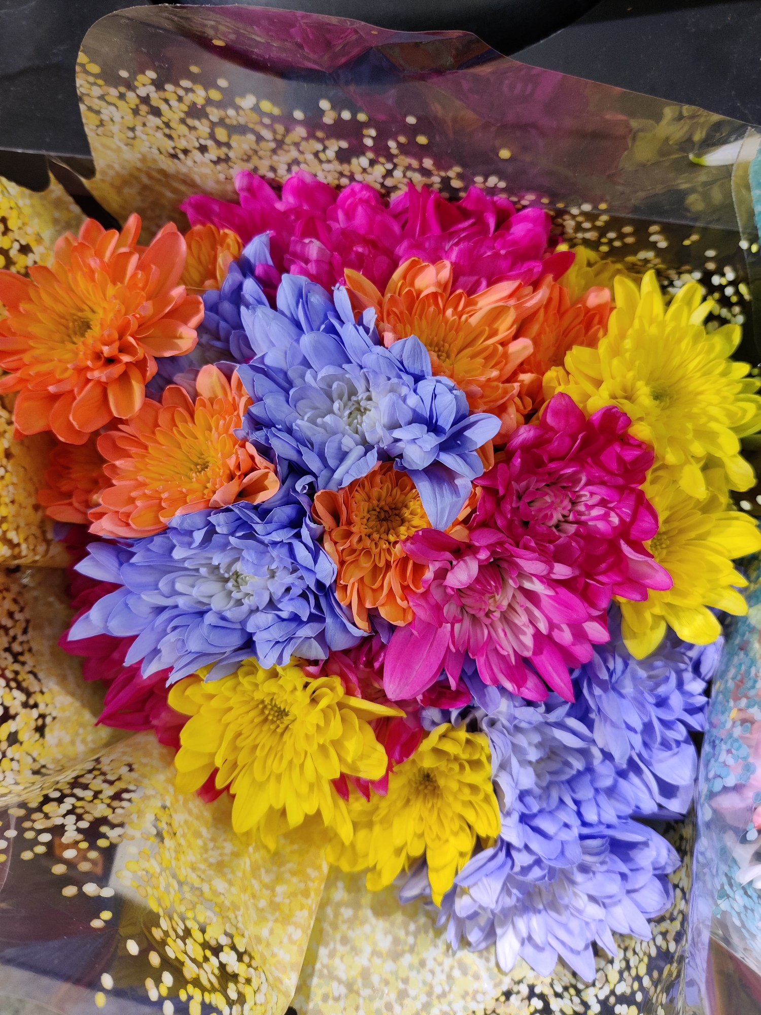 This is a close-up, eye-level, overhead shot of a bouquet of multi-colored chrysanthemums. The flowers are arranged tightly together and are predominantly orange, yellow, pink, and lavender. The bouquet is wrapped in a clear plastic cellophane with a gold confetti-like pattern. The background is dark and out of focus, suggesting the bouquet is on a surface or being held. The scene does not provide any information or context about the city of Mechanicsburg, United States of America, nor does it depict any people, actions, or interactions.