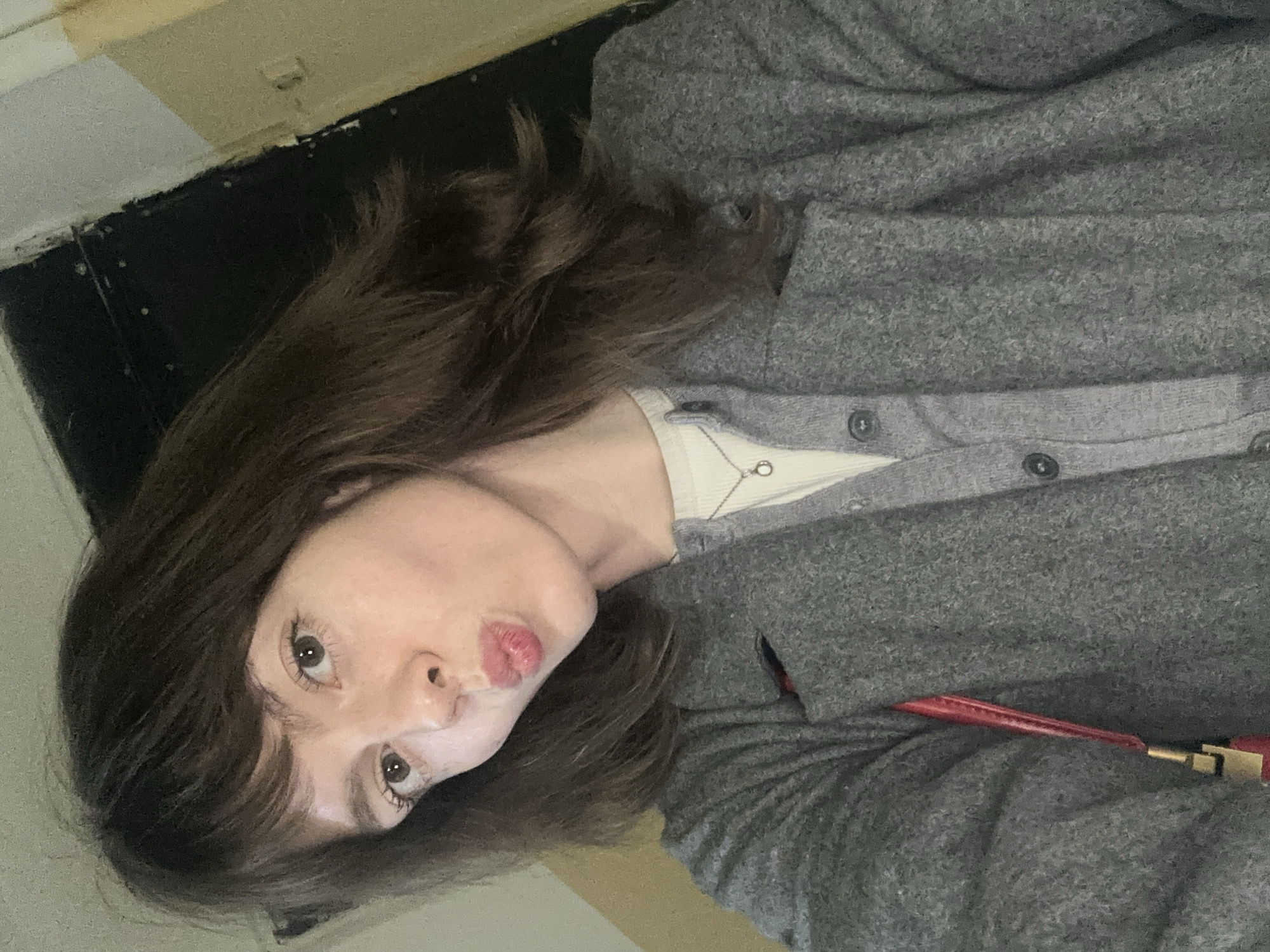 The image is a close-up, angled selfie featuring a young individual, likely female, with long, wavy dark brown hair and fair skin. The person is looking directly at the camera with large, expressive eyes and long lashes, while sporting a playful "duck face" expression with puckered, pink lips.
She is wearing a light-colored (possibly white or cream) top underneath a warm, gray, textured cardigan or jacket that covers most of her torso. A delicate silver-colored necklace with a small, simple pendant is visible around her neck. On the right side of the frame, partially obscured by her outerwear, a vibrant red strap, possibly from a bag or purse, and a metallic gold-colored clasp are visible.
The background suggests an indoor setting. In the upper left corner, there is a dark, possibly black, horizontal surface that appears to be a wall or panel, detailed with small, reflective dots that resemble rivets or screws. Above this dark area, a light beige or off-white textured wall or ceiling is present, along with a brighter white section to the far left. The lighting is soft and even, typical of an indoor environment.
The activity depicted is a casual and playful self-portrait. The individual's expression conveys a lighthearted and perhaps cheeky mood. No specific time of day or weather conditions can be determined from the indoor scene. No visible text is present in the image. This scene is located in Moscow, Russia.