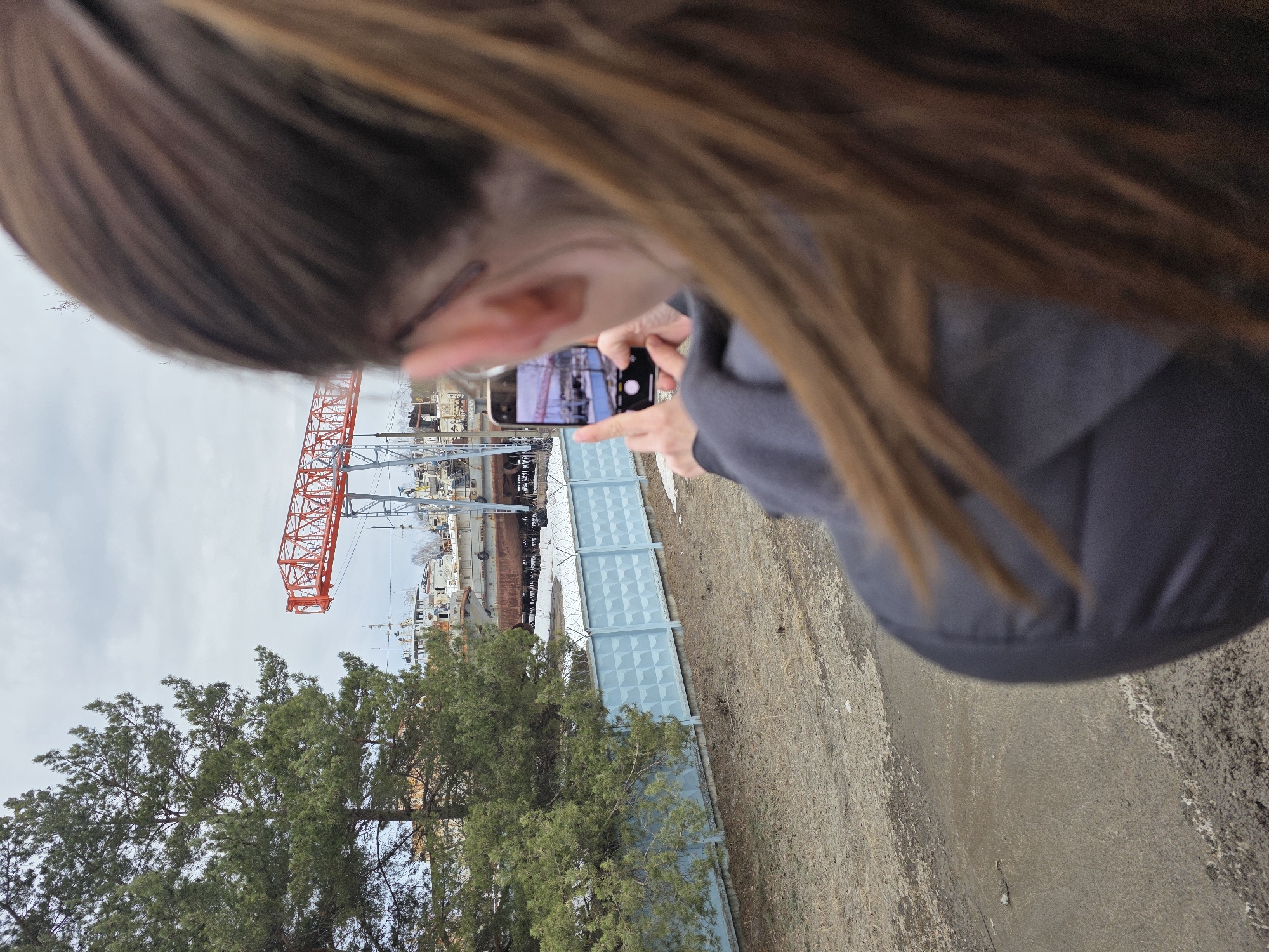 A woman is taking a picture with her smartphone of a cityscape in Chaikovsky, Russia. The view includes a construction crane, railway cars, industrial buildings, and a fence. A coniferous tree is in the foreground. The woman has brown hair and is wearing glasses and a gray jacket. She is holding her phone horizontally.