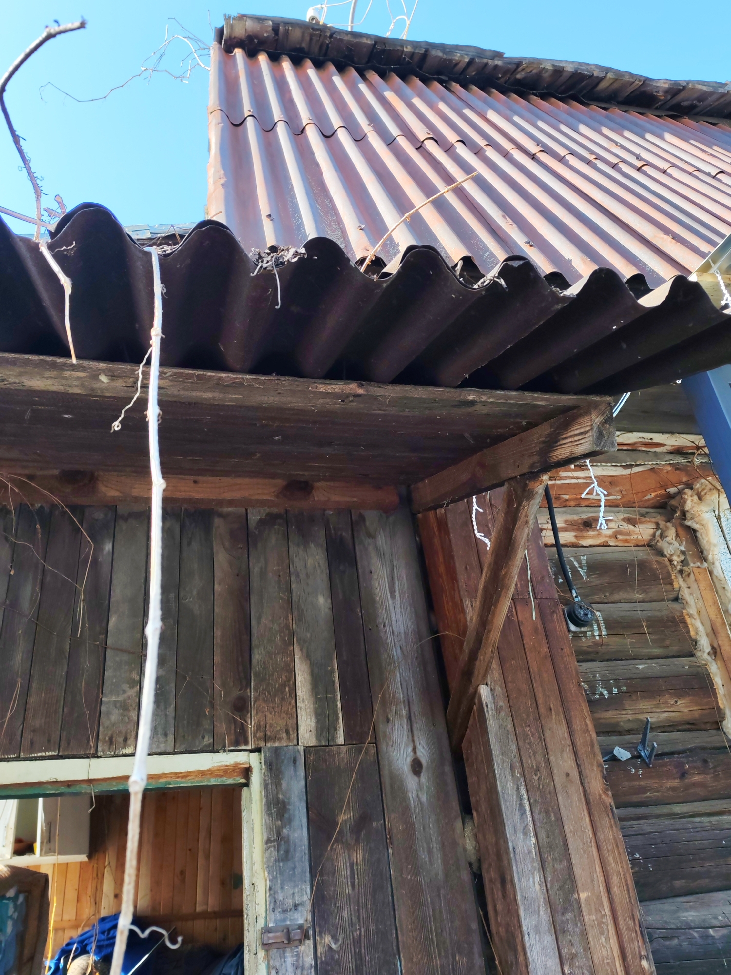 The image shows the corner of an old, wooden structure, possibly a house or shed, likely located in Chaikovsky, Russia. The building is in a state of disrepair, with weathered and uneven wooden planks forming the walls. The roof is made of corrugated metal, heavily rusted and showing signs of age. A vine, mostly bare of leaves, climbs along the edge of the roof and hangs down in front of the structure. Inside, through an open doorway, glimpses of what appears to be an interior space containing objects covered in blue fabric are visible. An electrical outlet with wiring is present on the wall.
