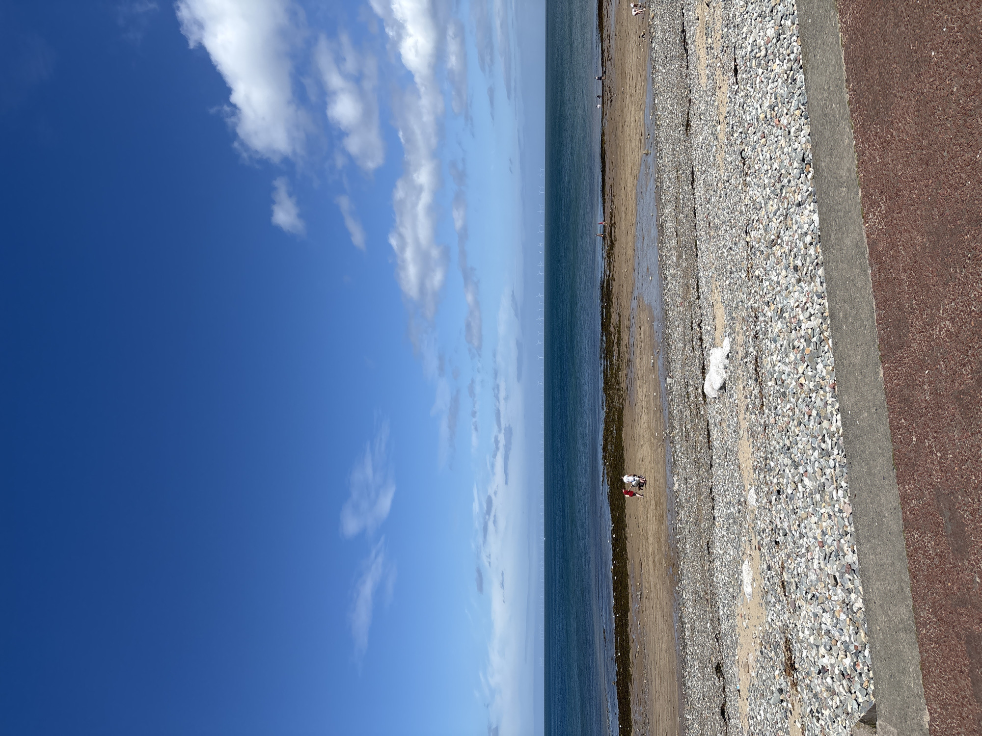 This image shows a seaside scene in Llandudno, United Kingdom, captured on a sunny day. The sky is clear blue, with fluffy white clouds dispersed across it. The sea extends into the distance, with a line of offshore wind turbines visible on the horizon. The beach is composed of pebbles and sand, with a narrow wet strip along the waterline.
A few people are visible on the beach. One individual in red and white is standing beside another individual, and what appears to be a stroller. There is also one dog on the beach, located near a large white rock.
The edge of the beach is bordered by a grey concrete wall and, beyond that, a reddish-brown surface, possibly a promenade.