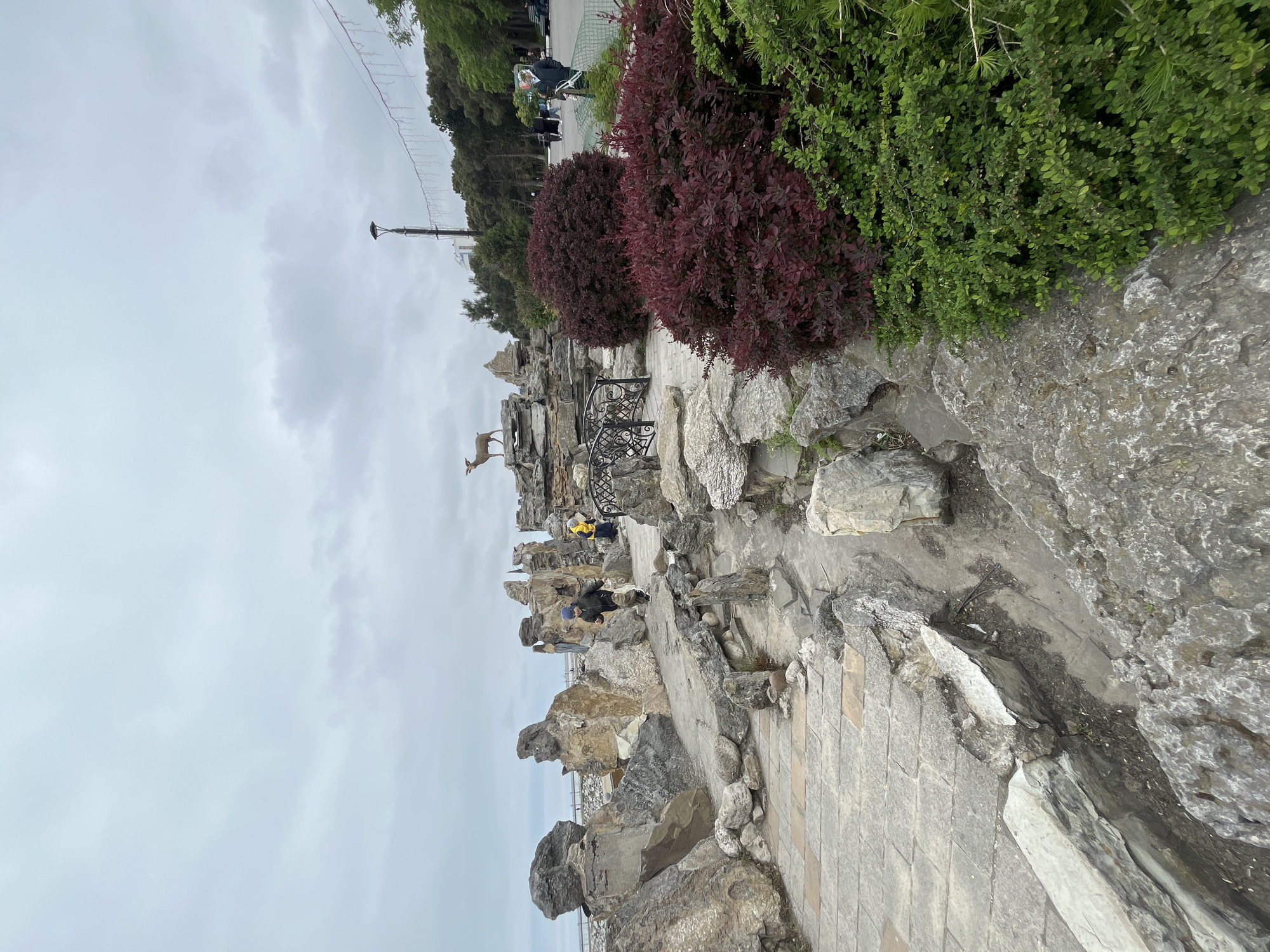 The image depicts a park scene in Kaspiysk, Russia, notable for its rocky landscaping and sculptures. A stone pathway winds through the park, bordered by various rock formations and greenery including bushes with dark red foliage and coniferous plants. People are present on the pathway, some appearing to be tourists or visitors observing the landscape. A deer statue is positioned atop one of the rock formations. Decorative metalwork such as a small bridge is visible. The sky is overcast.