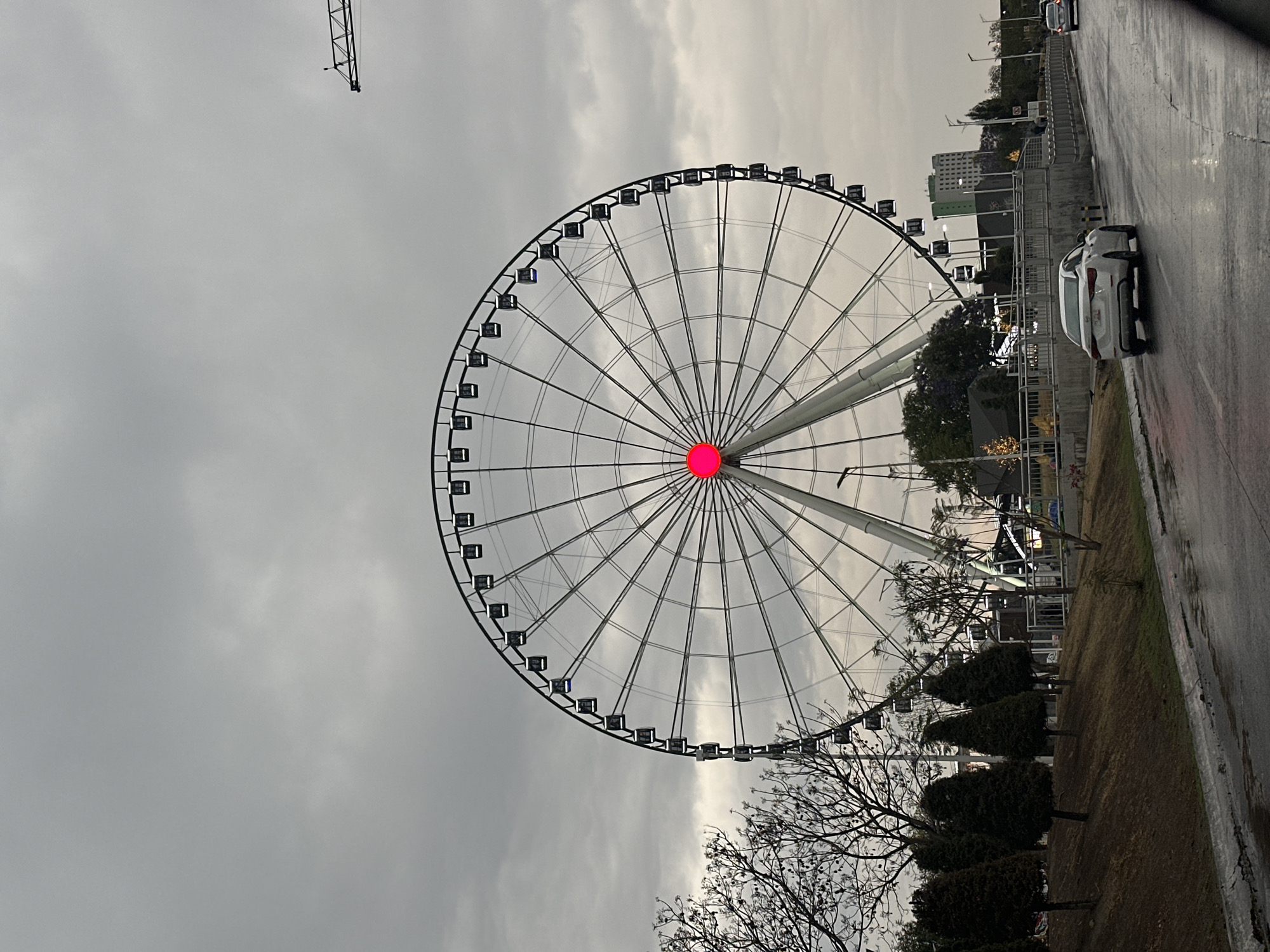 The image features a large Ferris wheel dominating the scene, positioned on the side of a wet roadway. The wheel's structure is black, with a red light at its center. The sky is overcast and gray. A few cars are seen on the road. Vegetation, including trees and bushes, grows along the roadside. Based on visual cues, the location is in Puebla, Mexico, specifically near the Star of Puebla Ferris wheel.
