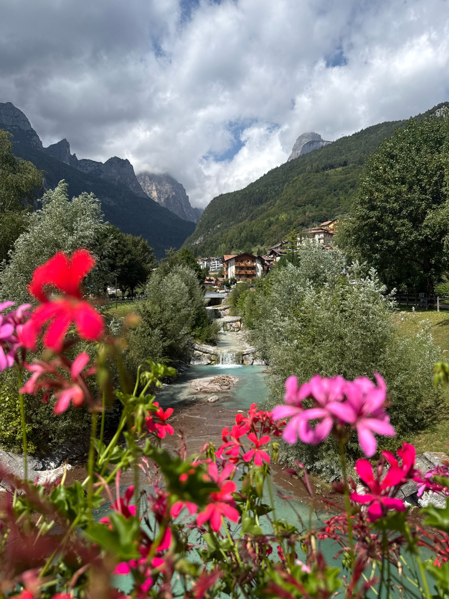 The image captures a scenic view of the town of Molveno, Italy, nestled amidst the Italian Alps. In the foreground, a cluster of pink and red flowers, out of focus, frames the scene. Beyond the flowers, a clear, turquoise river flows through the landscape, with small waterfalls cascading down. Lush green trees and vegetation line the riverbanks. In the middle ground, the town of Molveno is visible, with its characteristic alpine architecture featuring buildings with wooden balconies and terracotta roofs. The town is situated on a gentle slope, leading up towards the imposing mountains that dominate the background. The sky is partly cloudy, with dramatic grey clouds contrasting with patches of blue sky, suggesting a dynamic weather system over the mountains. The overall impression is one of natural beauty and tranquility, with the town harmoniously integrated into its mountainous surroundings.