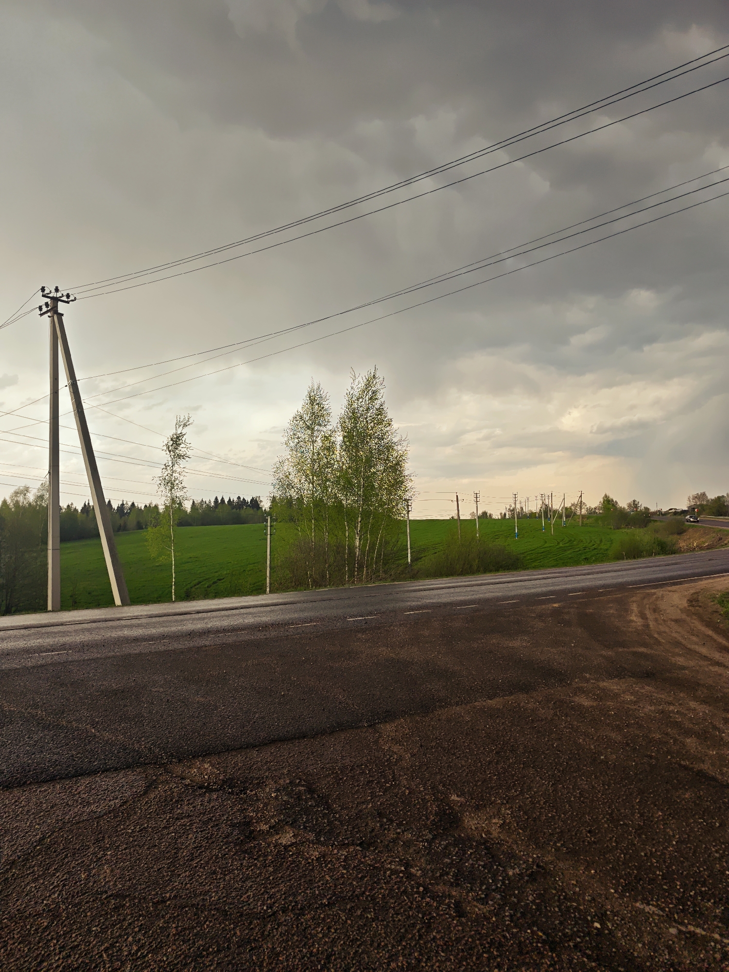 The image depicts a rural road scene, likely in the vicinity of Svistukha, Russia, given the landscape and infrastructure. The foreground features a paved road surface transitioning from a dark, smooth asphalt to a rougher, reddish-brown gravel or dirt area. The road curves slightly to the right and continues into the distance.
To the left, along the roadside, there's a green field with patches of trees and shrubs. Power lines supported by concrete poles run parallel to the road and across the landscape. The sky is overcast with gray clouds, suggesting a recent rain or impending storm. The overall lighting is subdued, with a diffused glow visible through the clouds.
