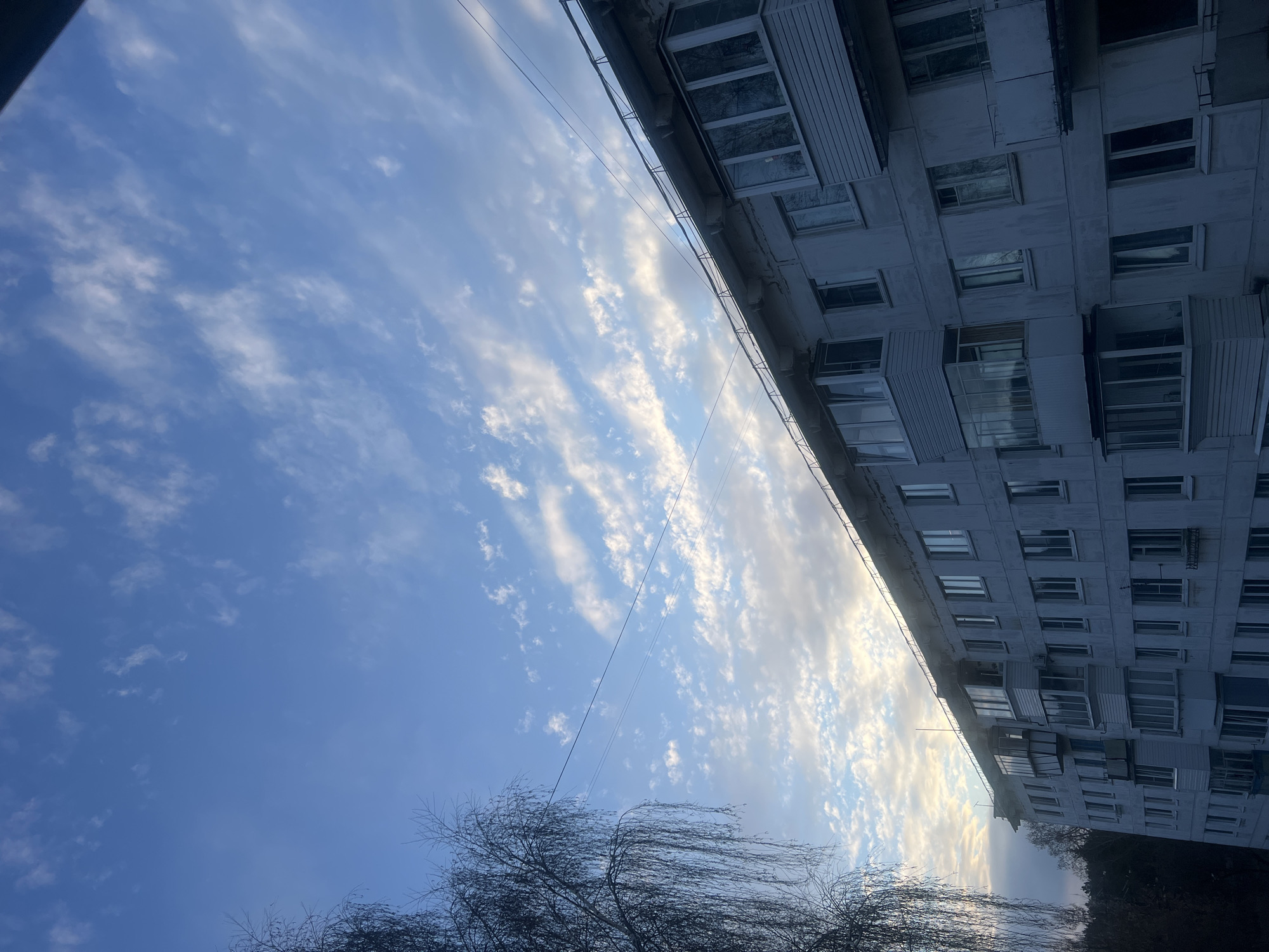 The image shows an upward view towards a building and a sky filled with streaky clouds, likely taken in Chaikovsky, Russia. The architecture of the building suggests Soviet-era construction, with many windows and balconies. A bare tree is visible in the lower portion of the frame. Overhead power lines intersect the sky. The sky has patchy clouds with streaks of blue. The overall lighting suggests early morning or late afternoon.