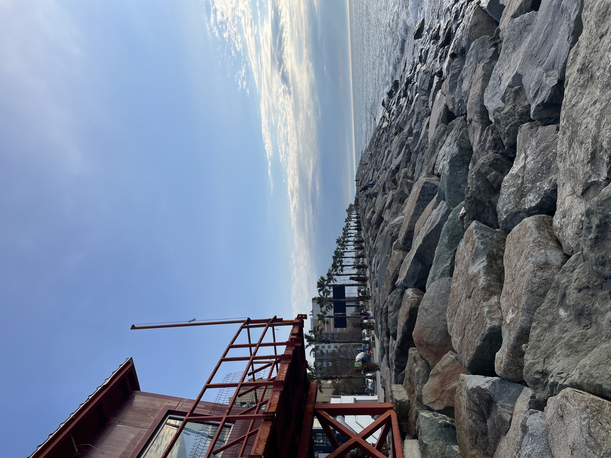 The image depicts an urban shoreline in Batumi, Georgia, composed of a large rock barrier adjacent to the Black Sea. The sky is partly cloudy. To the left is a partially visible reddish-brown building, possibly a restaurant or tourist facility, with a steel framework structure extending upwards. Along the shoreline, a line of palm trees separates the rocky area from the cityscape beyond, where residential and commercial buildings are visible. The Black Sea stretches out to the horizon under a sky marked with wispy clouds.
