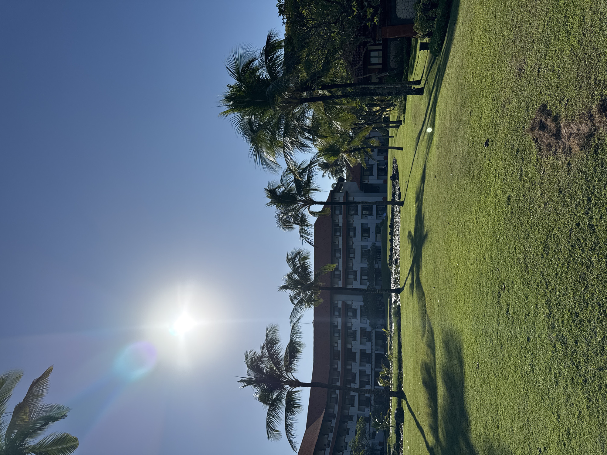 The image shows a sunny outdoor scene in Kuta Selatan, Indonesia. A bright sun is partially obscured by palm trees, creating lens flare. A multi-story building with a red tile roof and light-colored walls is visible behind the palm trees. To the right, there is a large, well-maintained grassy area with shadows of the palm trees. Some trees and a building can be seen at the end of the grassy area.