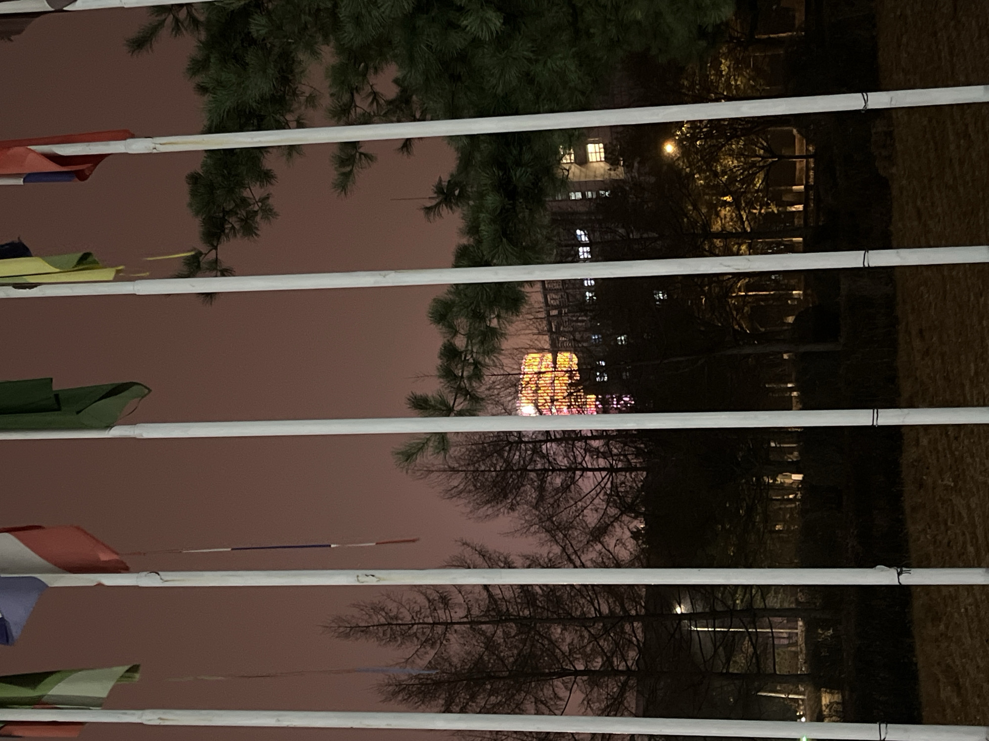The image depicts a night scene, likely in Changchun City, China, as suggested by the building architecture. The view is framed by a series of horizontal white bars, possibly part of a fence or railing. Between these bars, we see a landscape featuring trees, buildings, and possibly a structure illuminated with bright, colorful lights, likely a decorative display. Some trees are dense with foliage, while others are bare, suggesting a transitional season. Buildings with lit windows are visible in the background. To the left of the frame are colorful flags hanging, adding to the composition.
