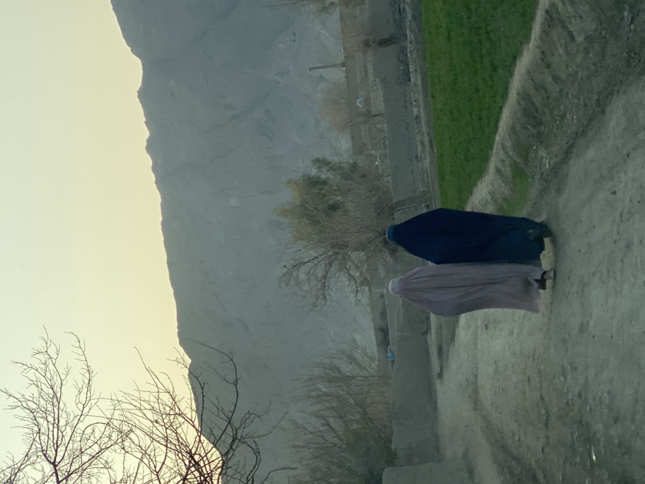 The image captures a rural or semi-rural landscape in Kandahar, Afghanistan, under a hazy, yellowish-grey sky, consistent with dawn or dusk. Two individuals, both fully clad in burqas, are observed walking away from the viewer on an unpaved dirt path. One individual wears a light lavender burqa, while the other wears a dark blue burqa. The path runs through the lower-center of the frame, curving slightly to the viewer's left. Adjacent to the path on the right is a distinct, rectangular plot of vibrant green vegetation, indicative of a cultivated field. On the left side of the path, low, earthen-toned walls or structures are visible. The midground features scattered deciduous trees, mostly bare of foliage, and some with sparse green leaves. Expansive, grey-blue mountains dominate the background, forming a continuous ridge line across the horizon. Skeletal tree branches extend into the upper left quadrant of the foreground.