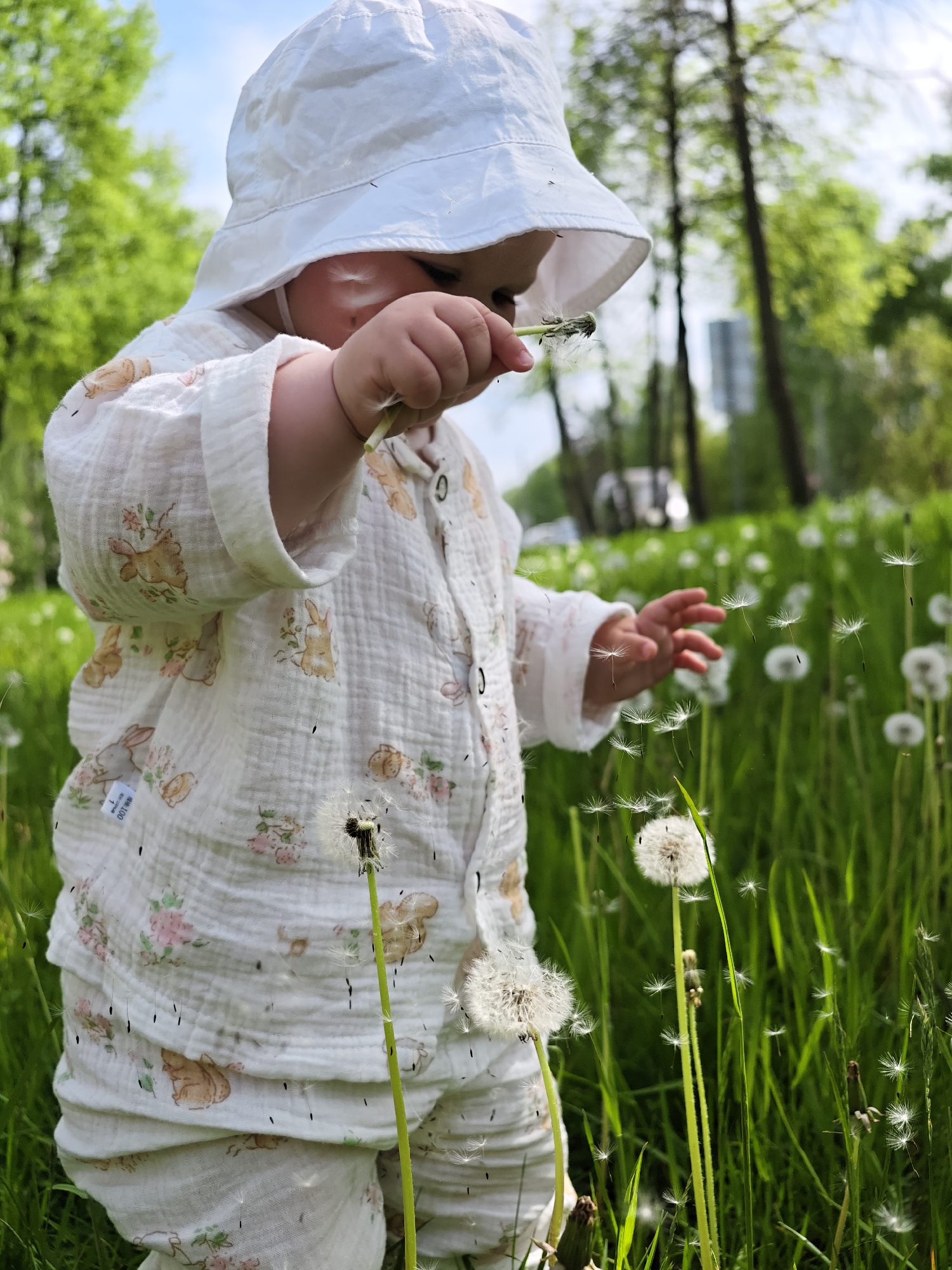 A toddler in a white cotton outfit with a rabbit print and a white bucket hat stands in a field of dandelions. The child holds a dandelion in their right hand, with seeds blowing off it. The child's left hand is outstretched. Dandelions with dispersing seeds are visible throughout the field. Green grass and trees form the backdrop. The location is in the city of Chaikovsky, Russia.