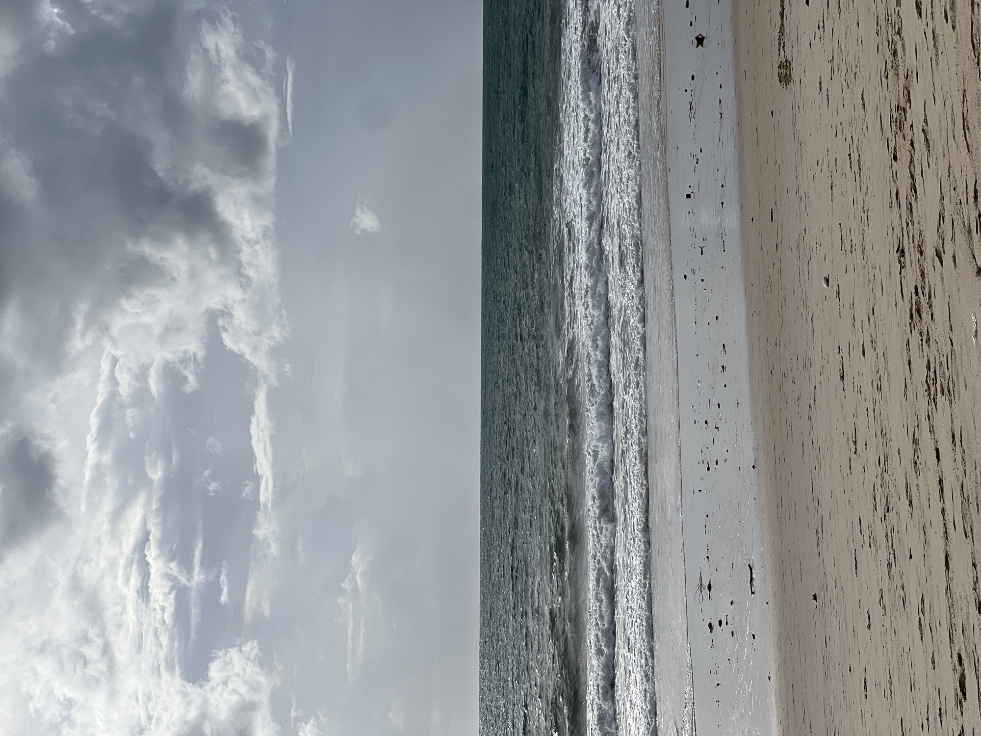 A beach scene with a sky filled with grey clouds on the left. To the right of the sky is the ocean, with waves. Next to the ocean is the wet sand and then the dry sand. The location is unknown.