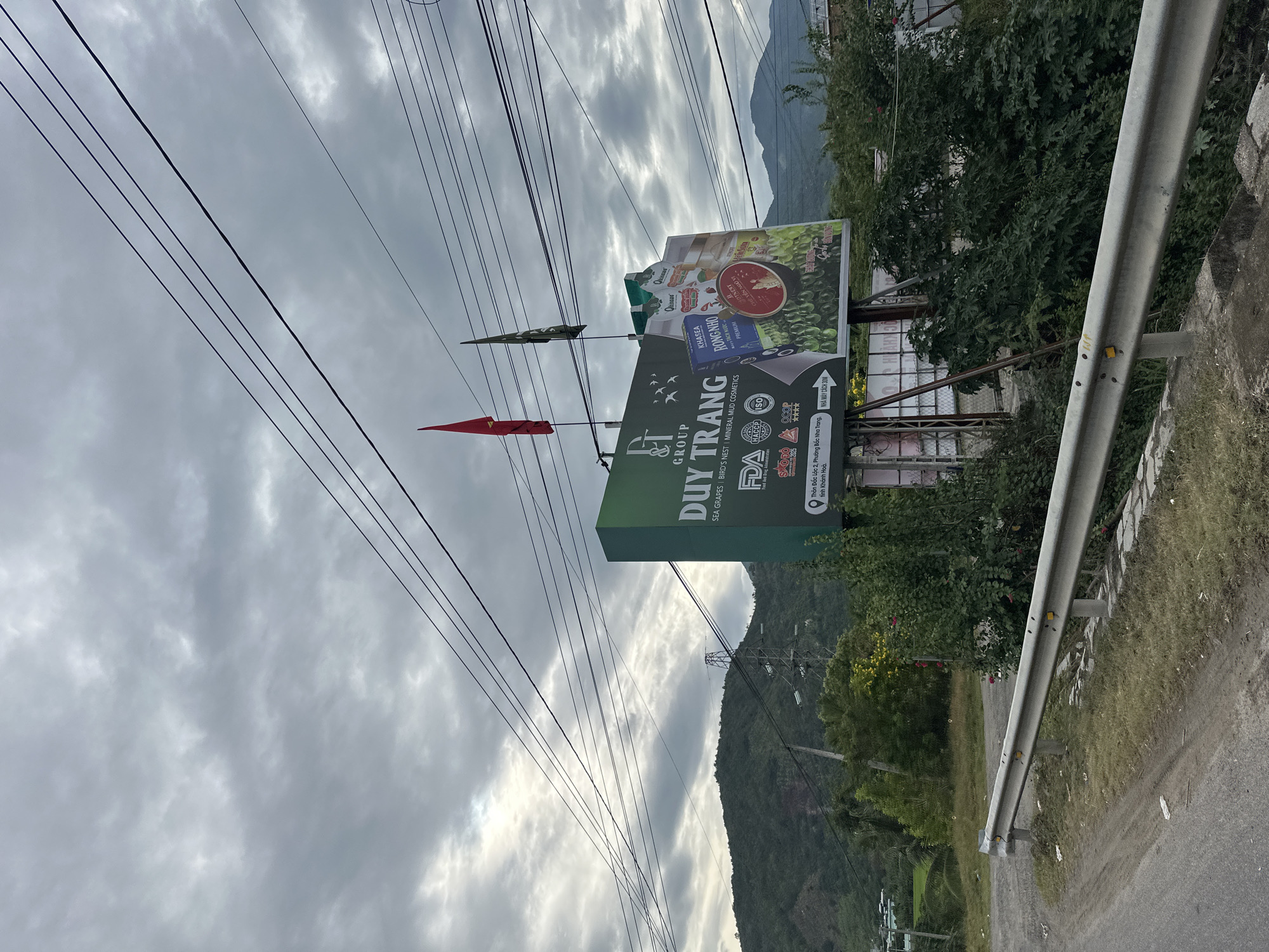 A billboard for "DUY TRANG GROUP SEA GRAPES | BIRD'S NEST | MINERAL MUD COSMETICS" stands by a roadside in Nha Trang, Vietnam. The billboard features product images and certifications like FDA and HACCP. Two flags, one red and one green, are flown above the billboard. The surrounding environment includes lush green hills in the background, a metal guardrail along the road, and a cloudy sky.