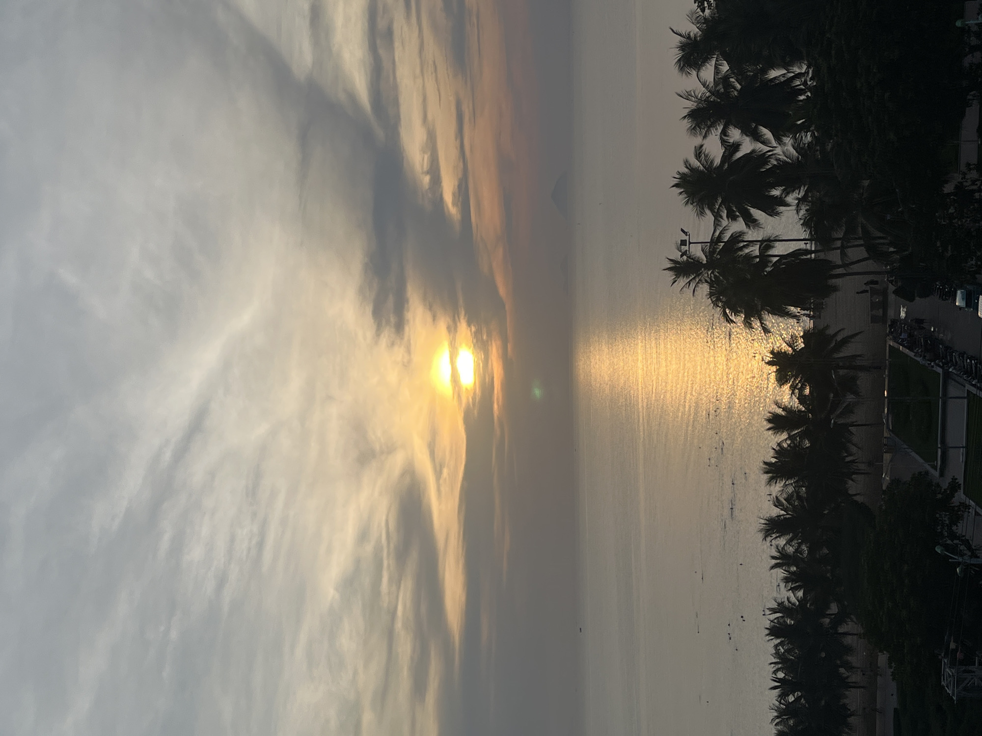The image captures a sunrise over the ocean in Nha Trang, Vietnam. The sun is low on the horizon, casting a golden glow across the water and reflecting on the surface. The sky is a mix of soft grays and oranges, with scattered clouds. In the foreground, a line of palm trees silhouetted against the sky frames the ocean view. A few distant boats are visible on the water, and a small island or mountain can be seen in the hazy distance. The bottom of the image shows a street with parked motorcycles and some trees. The overall atmosphere is serene and peaceful, suggesting an early morning scene.