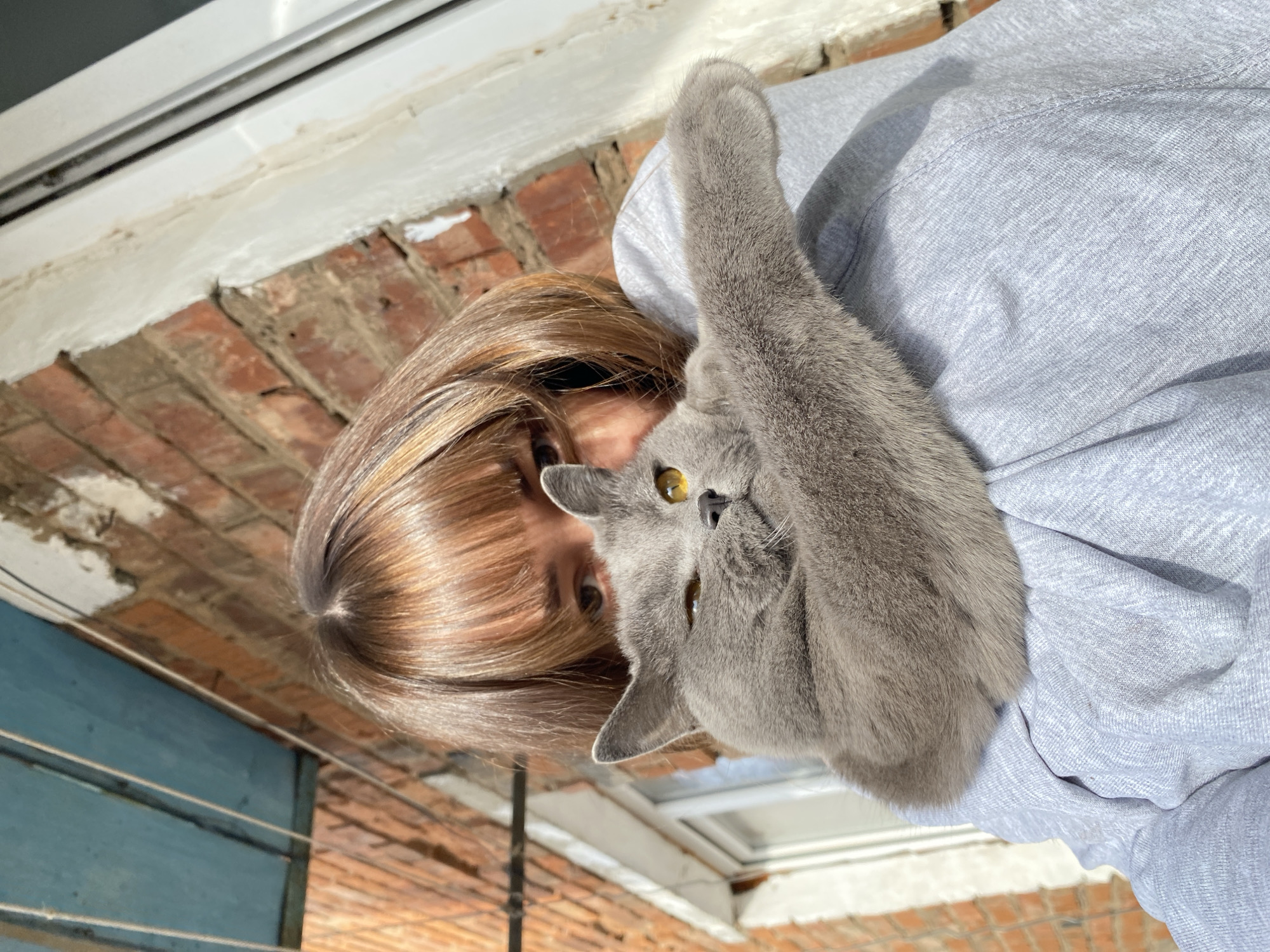 A woman with brown and blonde hair, wearing a light gray sweatshirt, is holding a gray cat. The cat has yellow eyes and is raising its front left paw. They are indoors, near a window with a brick surround. The location is Votkinsk, Russia.