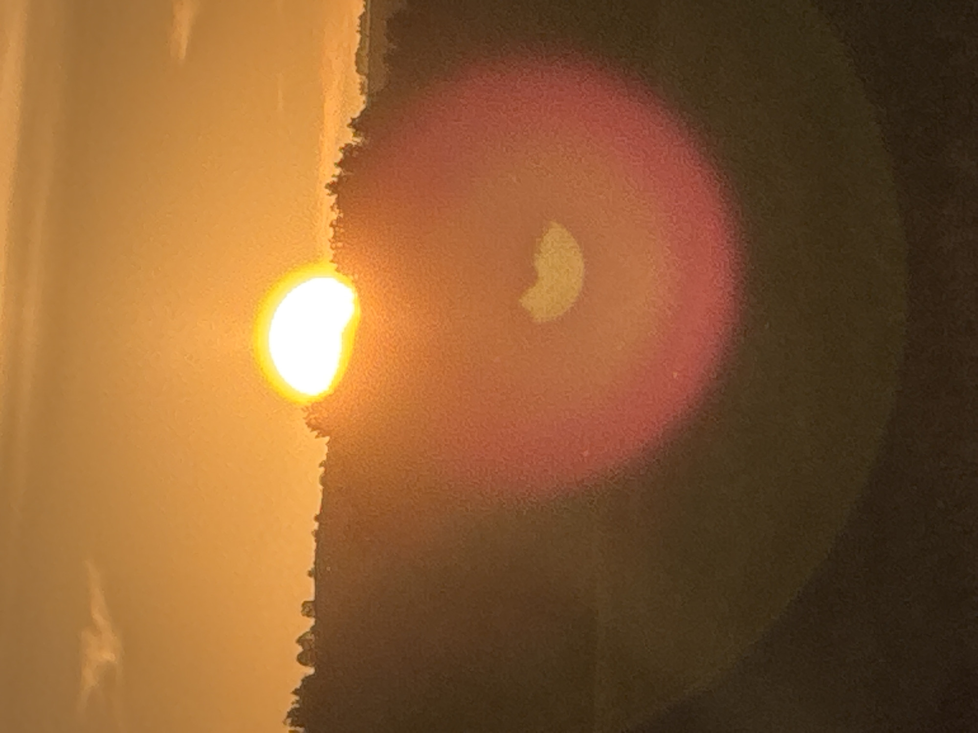 The image depicts a sunset over a landscape. The sun, a bright orb of light, is partially visible near the top center of the frame, casting a warm orange glow across the sky. The sky itself is a gradient of orange and yellow, with some faint clouds. Below the sun, a line of trees forms a silhouette against the bright sky, suggesting a horizon. The foreground is darker, with a field or rolling hills visible, partially obscured by a large lens flare that creates a circular reddish-orange halo. The location of Noevtsi, Bulgaria is not discernible from the image alone.