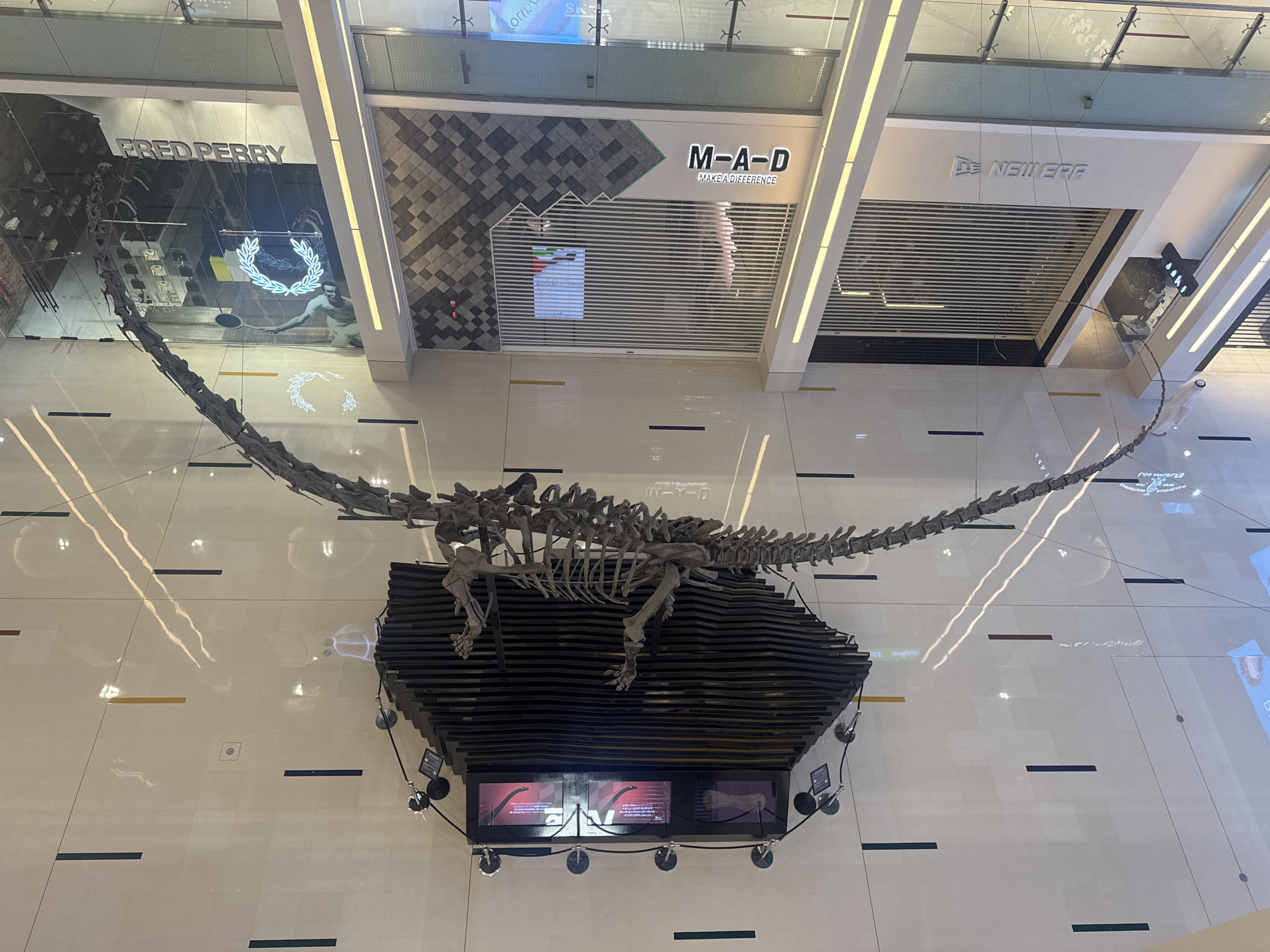 This is an overhead shot taken inside the Dubai Mall in Dubai, United Arab Emirates. The image prominently features a long-necked dinosaur skeleton on a raised black platform. The skeleton's head is positioned near a storefront with "FRED PERRY" written on it. To the right of the dinosaur's body are storefronts labeled "M-A-D - MAKE A DIFFERENCE" and "NEW ERA". The floor is patterned with linear segments in black, yellow, and brown.