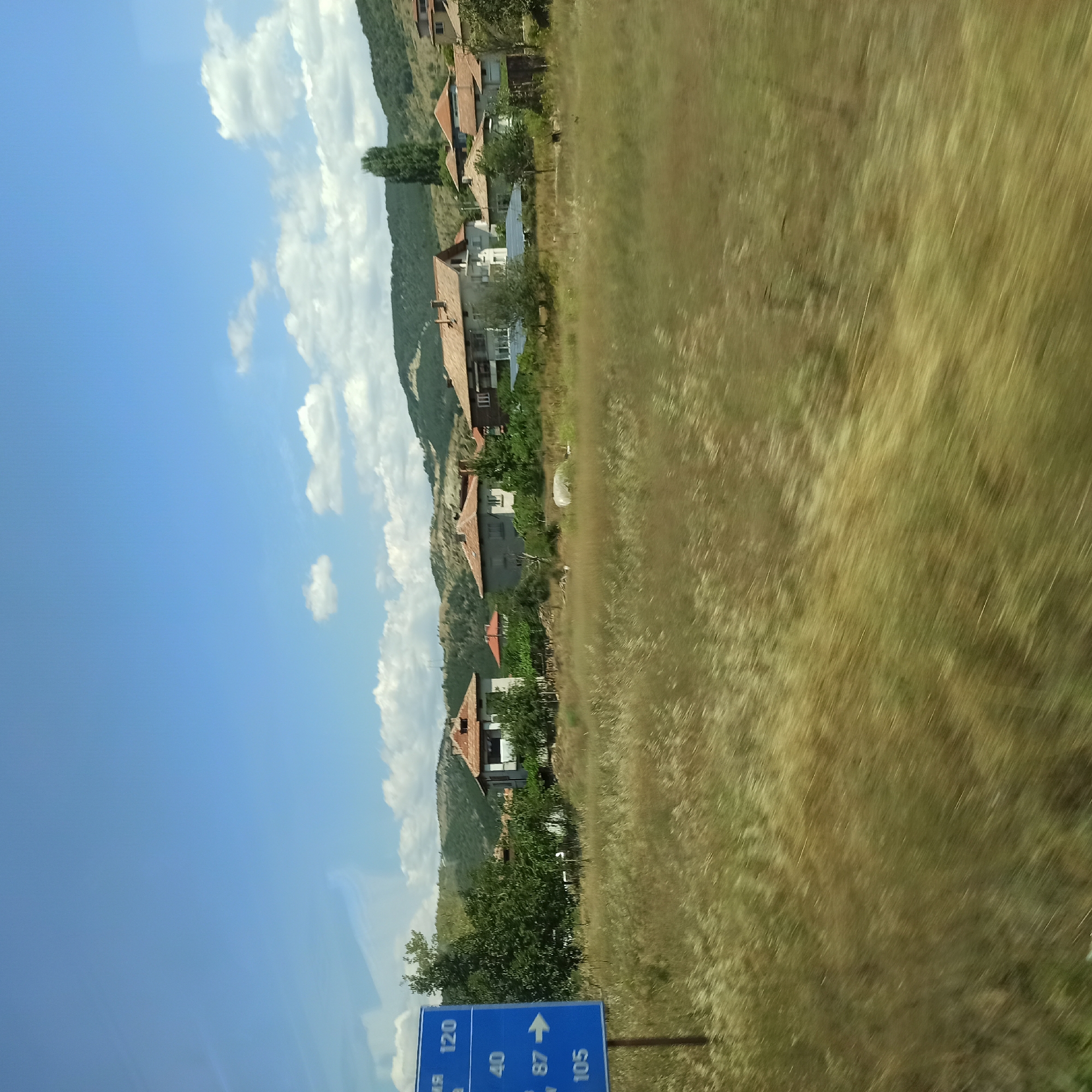 The image shows a view from a vehicle, likely moving, given the motion blur in the foreground. The scene depicts a rural or semi-rural area with a cluster of houses on a gentle slope leading up to a tree-covered hill under a bright blue sky with scattered white clouds.
In the foreground, there is a blue road sign with white text and a white arrow. The text on the sign is partially visible and appears to include numbers like "120", "40", "87", and "105", suggesting distances or speed limits. A thin, dark pole supports the sign. The ground in the immediate foreground is covered in dry, tall grass that is heavily blurred due to motion.
Behind the sign and the blurred grass, there are several houses. These are mostly two-story structures with tiled roofs, typical of village architecture. Some houses have balconies and windows. The houses are interspersed with green trees and bushes.
In the background, rolling hills covered in dense green forest rise up. A single tall, slender tree stands prominently on the hillside. The overall impression is one of a sunny day in a tranquil, hilly region. This scene is likely on the outskirts of Simitli, Bulgaria, given the context. There are no people visible in the image. The overall atmosphere is peaceful and natural.