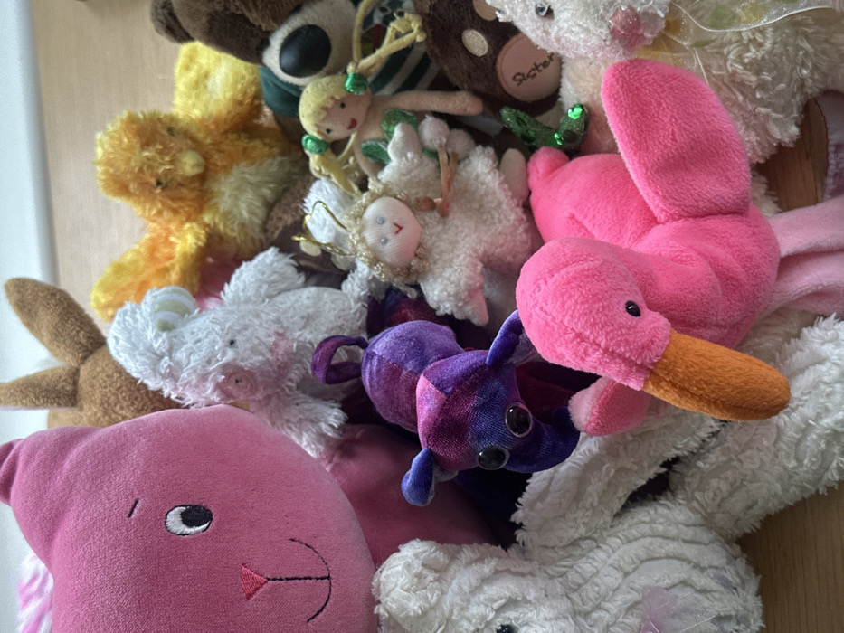 A static, close-up, high-angle view depicts a dense collection of assorted plush toys and small dolls resting on a light-colored surface, likely a wooden floor or table, against a lighter background. This scene is located in Tunbridge Wells, United Kingdom.
Essential details include:
* A large pink cat-like plush toy with embroidered facial features is partially visible on the far left.
* In the lower-center, a pink flamingo plush toy with an orange beak is prominently displayed.
* Above the flamingo, a smaller purple and blue variegated plush animal with large, reflective black eyes is positioned.
* To the right of the purple plush, a small white fluffy angel doll with a gold wire halo and white wings is visible.
* Adjacent to the angel, a small blonde doll with green pigtails and a green garment is present.
* A bright yellow fluffy chick-like plush toy is situated in the upper-right quadrant.
* Other discernible objects include the brown ears of a plush bunny in the upper-center, a white fluffy lamb or sheep-like plush toy behind the pink cat, and segments of a dark brown teddy bear on the right.
* A white shaggy rabbit-like plush toy occupies the lower-left.
* A small brown plush toy with the word "Sister" embroidered in white thread is partially visible in the lower-right.
* A small, green, glittery object is positioned near the angel and blonde doll.
The toys are tightly grouped, creating an overlapping arrangement.