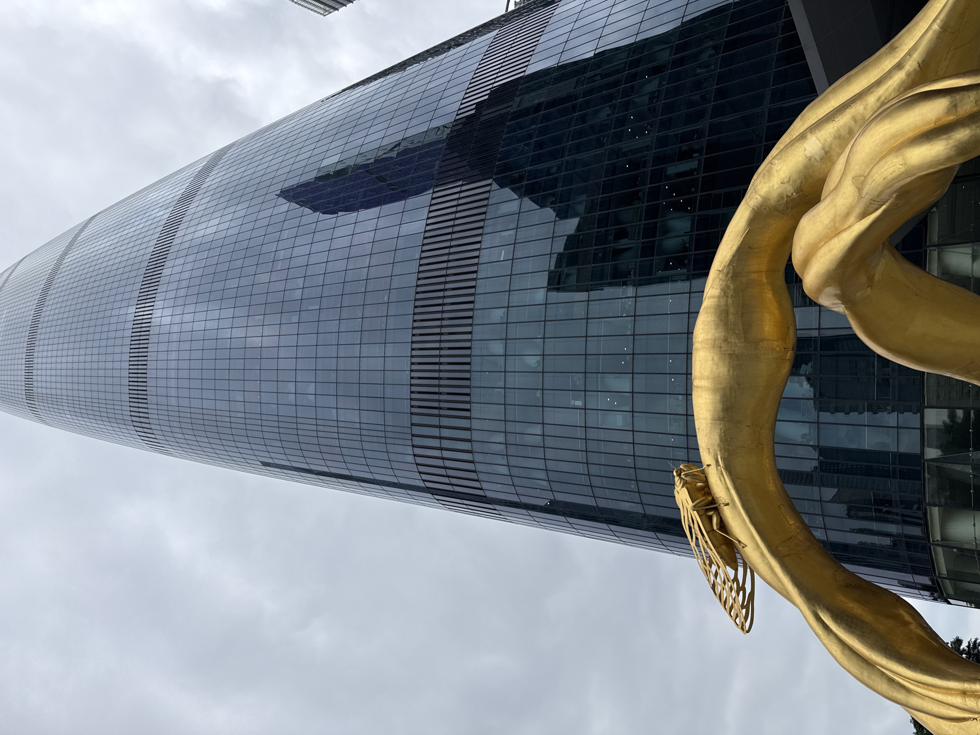 A low-angle, outdoor photograph captures the modern architecture of the Guangzhou International Finance Center in Tianhe District, China, under an overcast sky. The skyscraper, with its distinctive tapering shape and dark glass facade, dominates the background. In the foreground, a large, golden sculpture of a cicada rests on a curved, abstract form, also made of gold. The sculpture appears to be made of interlocking, organic shapes, with the cicada perched on one of the uppermost curves. The reflection of another tall building is visible in the glass facade of the Guangzhou International Finance Center. The overall scene conveys a sense of contemporary urban design and artistic expression.
