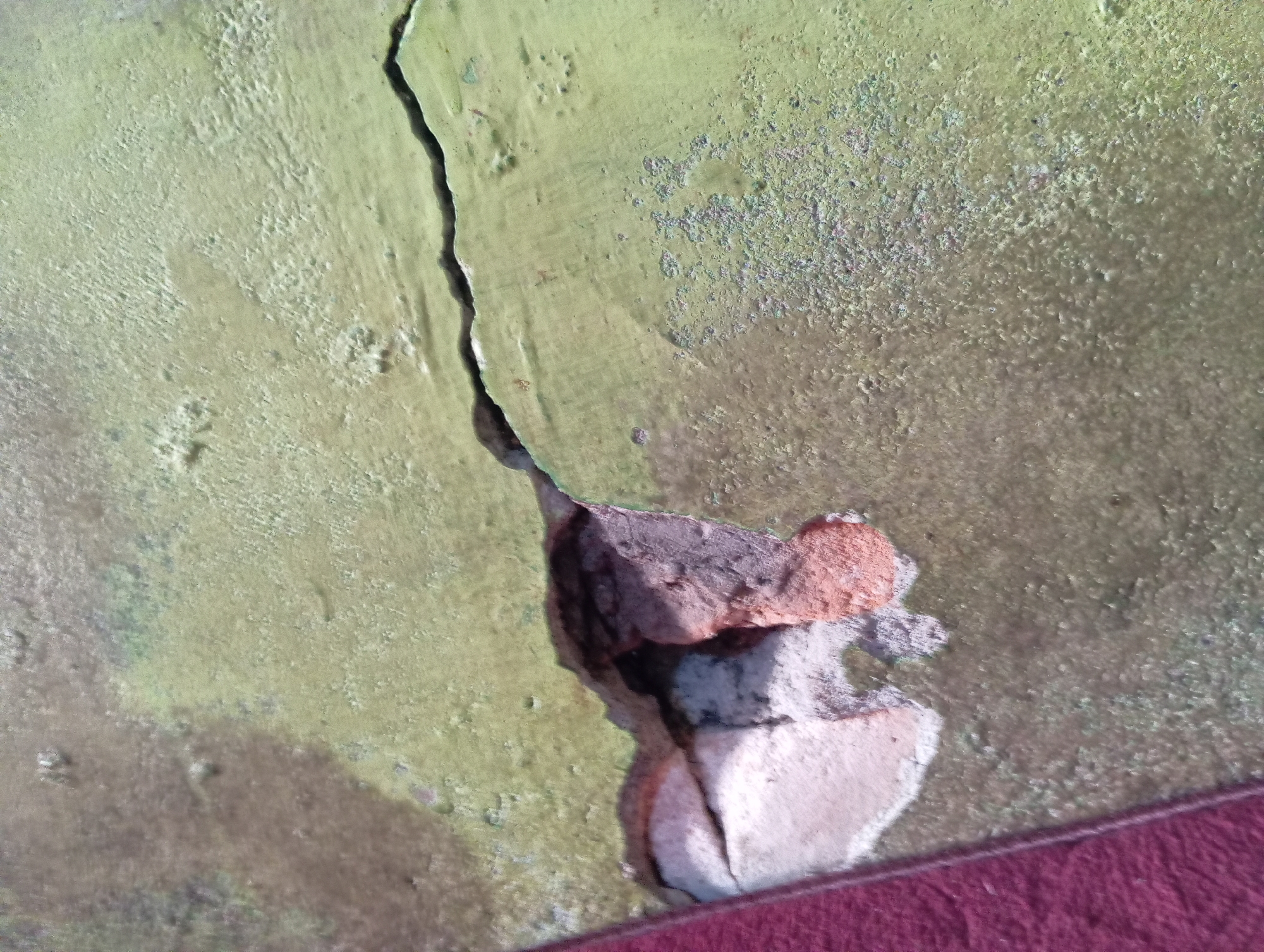 The image shows a close-up view of a cracked and damaged wall. The wall is painted a faded green color and appears to be made of concrete or plaster. A prominent crack runs vertically down the center of the image, exposing fragments of brick and possibly mortar underneath. The texture of the wall is rough and uneven, with areas of discoloration and what appear to be small debris or imperfections. In the bottom right corner, a portion of a dark red, textured surface, possibly fabric or upholstery, is visible, suggesting the wall is part of an interior or a structure with such material nearby. The lighting suggests it is daytime, with shadows cast on the wall's textured surface. The image provides no discernible information about the specific location within Rejosari, Indonesia, other than being a damaged wall.