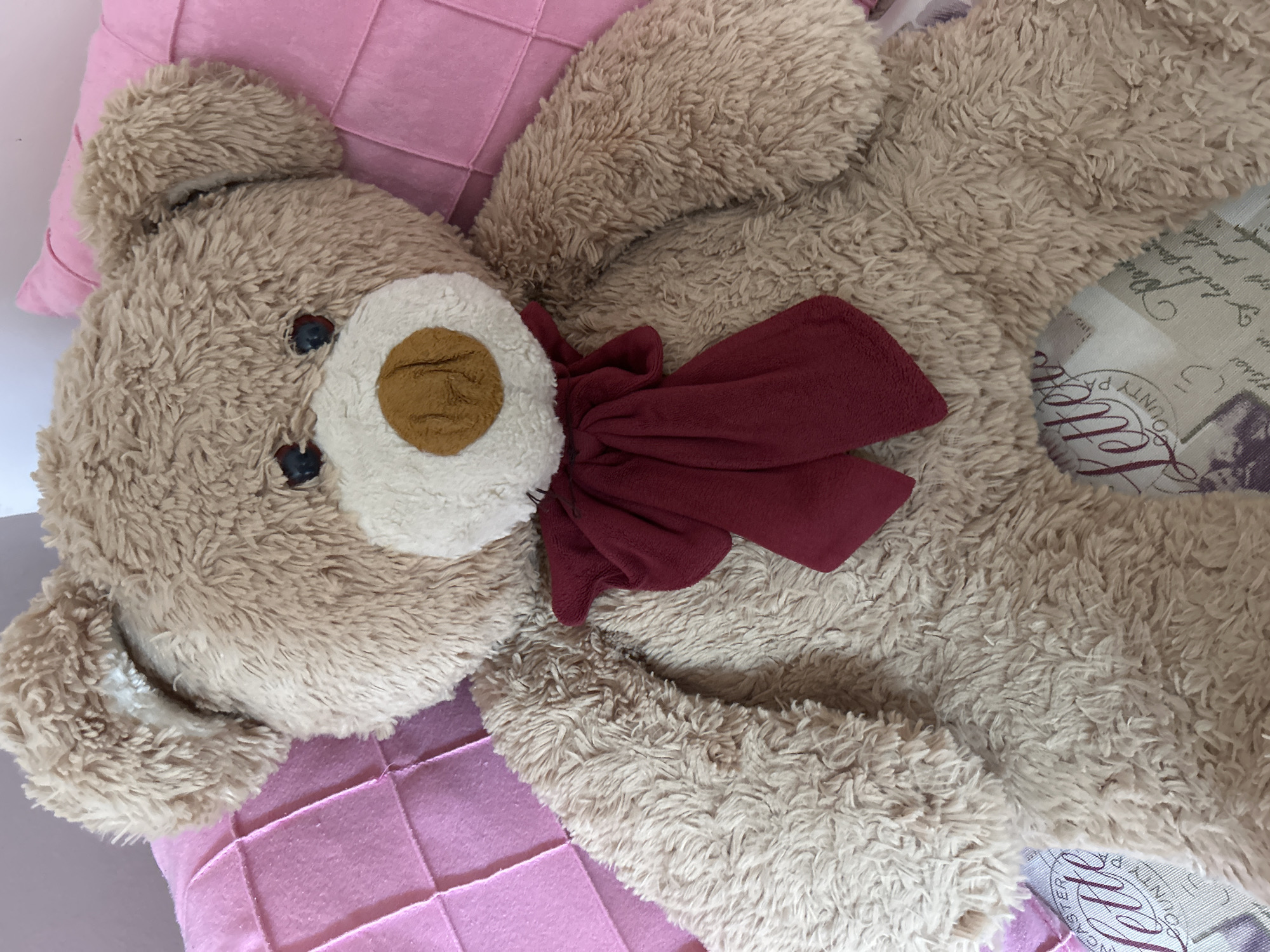 A plush teddy bear lies on pink and white patterned cushions. The bear is light brown with a white muzzle and a brown nose. It has a burgundy bow around its neck. The cushions are textured. The background includes fabric with floral patterns and writing. Location: Unable to provide a location in Varna, Bulgaria, as the image lacks geographical information.