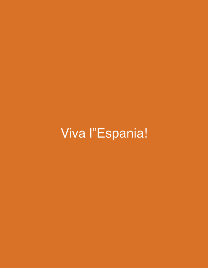 The image is a static shot of text overlaid on an orange background. The text, in white sans-serif font, reads "Viva l'Espania!". There are no people, objects, actions, interactions, or environmental elements visible in the image. The image does not depict the city of Pleven, Bulgaria, or any specific location.