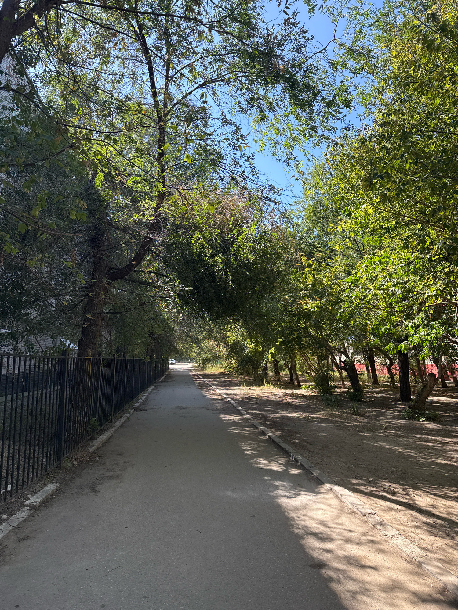 The image depicts a paved walkway in a park-like setting, possibly a residential courtyard, in Aktobe, Kazakhstan. A black metal fence runs along the left side of the walkway, bordering a building with a brick facade partially visible. Lush green trees with dense foliage line both sides of the path, creating a canopy overhead. Sunlight filters through the leaves, casting dappled shadows on the walkway and the dirt ground beside it. The walkway recedes into the distance, with a white car visible in the far background. The sky is a clear blue. The scene appears to be a quiet, everyday urban environment.
