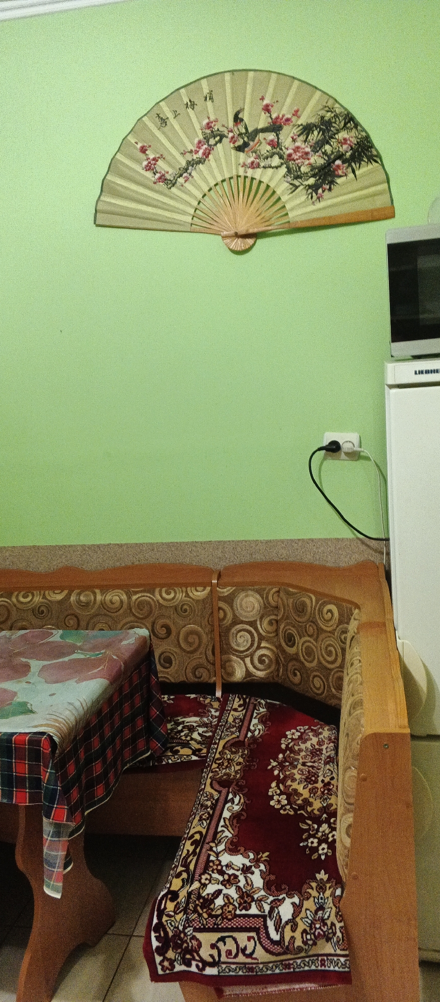 The image depicts an indoor scene, likely a domestic living space, with a light green wall as the dominant background. Mounted centrally on the wall is an open, decorative fan, possibly made of paper or silk, featuring an intricate design of pink flowers, green leaves, bamboo, and a bird. Below the fan, a wooden corner sofa with patterned upholstery in shades of brown and gold is visible. A table with a checkered red and blue tablecloth partially covers the sofa. A red and cream patterned rug lies on the floor in front of the sofa. To the right of the sofa, a white appliance, possibly a refrigerator, is partially visible. A white electrical outlet with two black plugs is mounted on the wall above the rug and to the left of the appliance. The scene appears to be located in a home in Berehove, Ukraine.