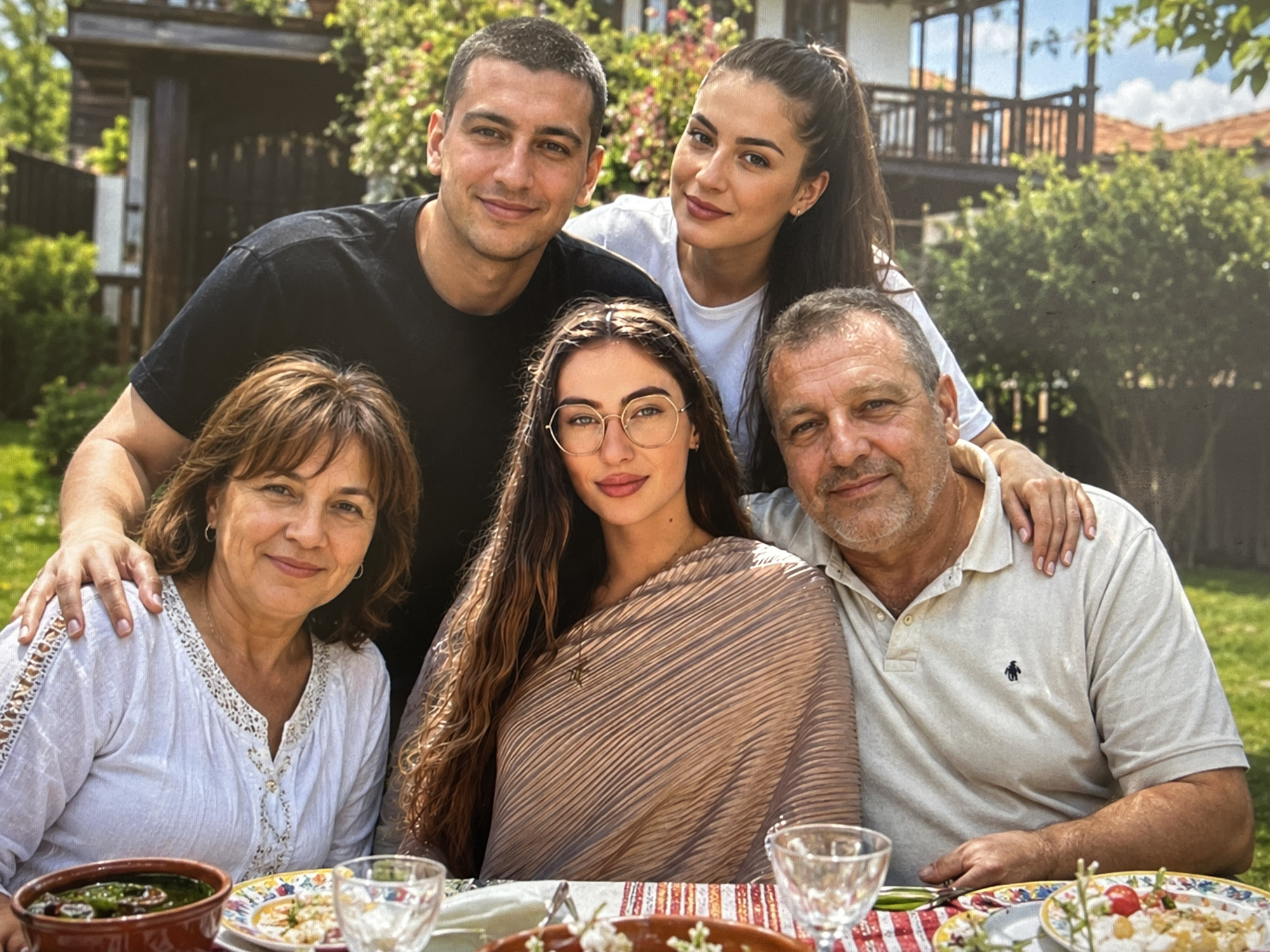 A family of five poses for a photo outdoors. The location appears to be a courtyard, with foliage, a wooden fence, and a building with a balcony visible in the background.
A man in a black t-shirt stands behind a woman in a white embroidered blouse (left). Next to her, in the front, is a woman wearing glasses and a draped taupe-colored garment. To her right is an older man wearing a polo shirt. A woman wearing a white t-shirt stands behind the younger woman and the older man. All individuals are smiling.
A table is in front of the group, with various plates, glasses, and food items.