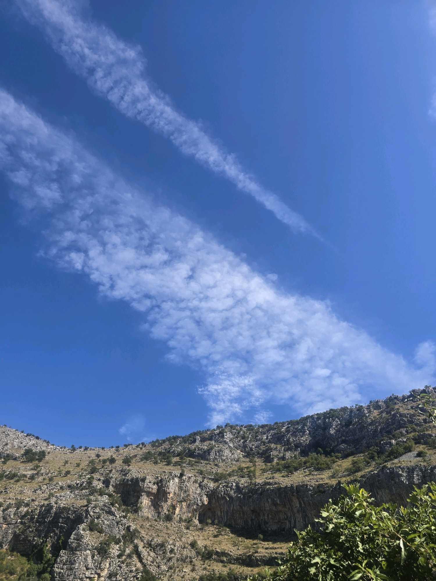A low-angle shot captures a steep, rocky mountainside under a bright blue sky adorned with wispy white clouds. The terrain is rugged, with visible rock formations, sparse vegetation, and a few scattered trees clinging to the slopes. The foreground is partially obscured by lush green foliage. The scene appears to be the area surrounding Podgorica, Montenegro, specifically the Skadar Lake National Park, known for its dramatic mountainous landscape. There are no people or discernible actions in the image.