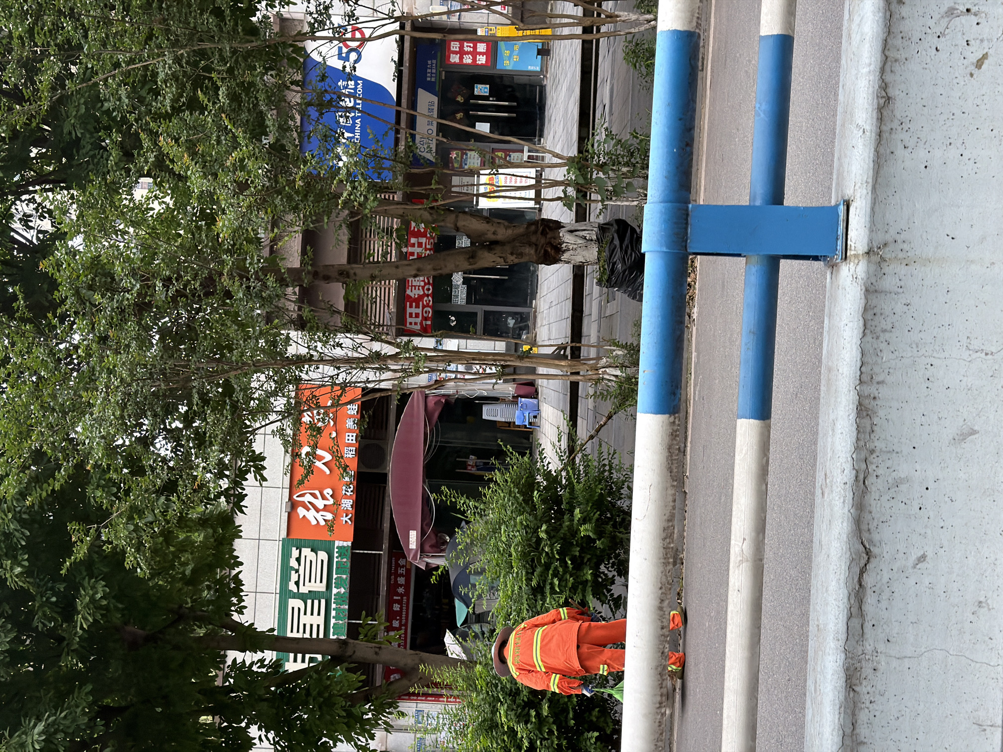 The image shows a street scene in the Chongqing High-tech Zone, China. In the foreground are blue and white bollards along the sidewalk. Behind the bollards, a person in an orange work uniform is visible, possibly a sanitation worker. The backdrop features several storefronts, including one with the sign "星管患" and "胶,舒【永盛五金" and another with "大湖花稻田美蛙". A sign with "CHINA TELECOM" is visible, as well as "菜驿站". There are trees interspersed throughout the scene, partially obscuring the storefronts.