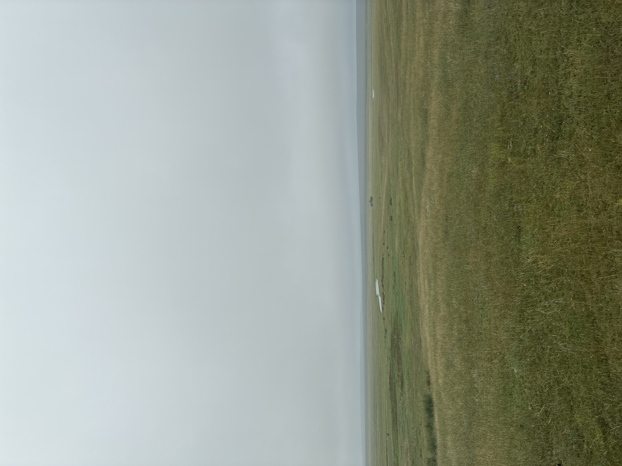 The image depicts a vast, overcast prairie landscape. The foreground is dominated by tall, dry grass, transitioning to greener, shorter grass in the midground. In the distance, a thin, pale blue body of water is visible, possibly a river or lake, meandering through the flat terrain. A cluster of small, dark green bushes or trees is situated to the left of the water. The horizon is indistinct due to heavy cloud cover, creating a uniform, pale gray sky that occupies the upper half of the frame. The overall scene is one of open, undeveloped land under a muted, atmospheric sky. The location is described as Ust'-Ordynskii, Russia, a region known for its steppes and grasslands.