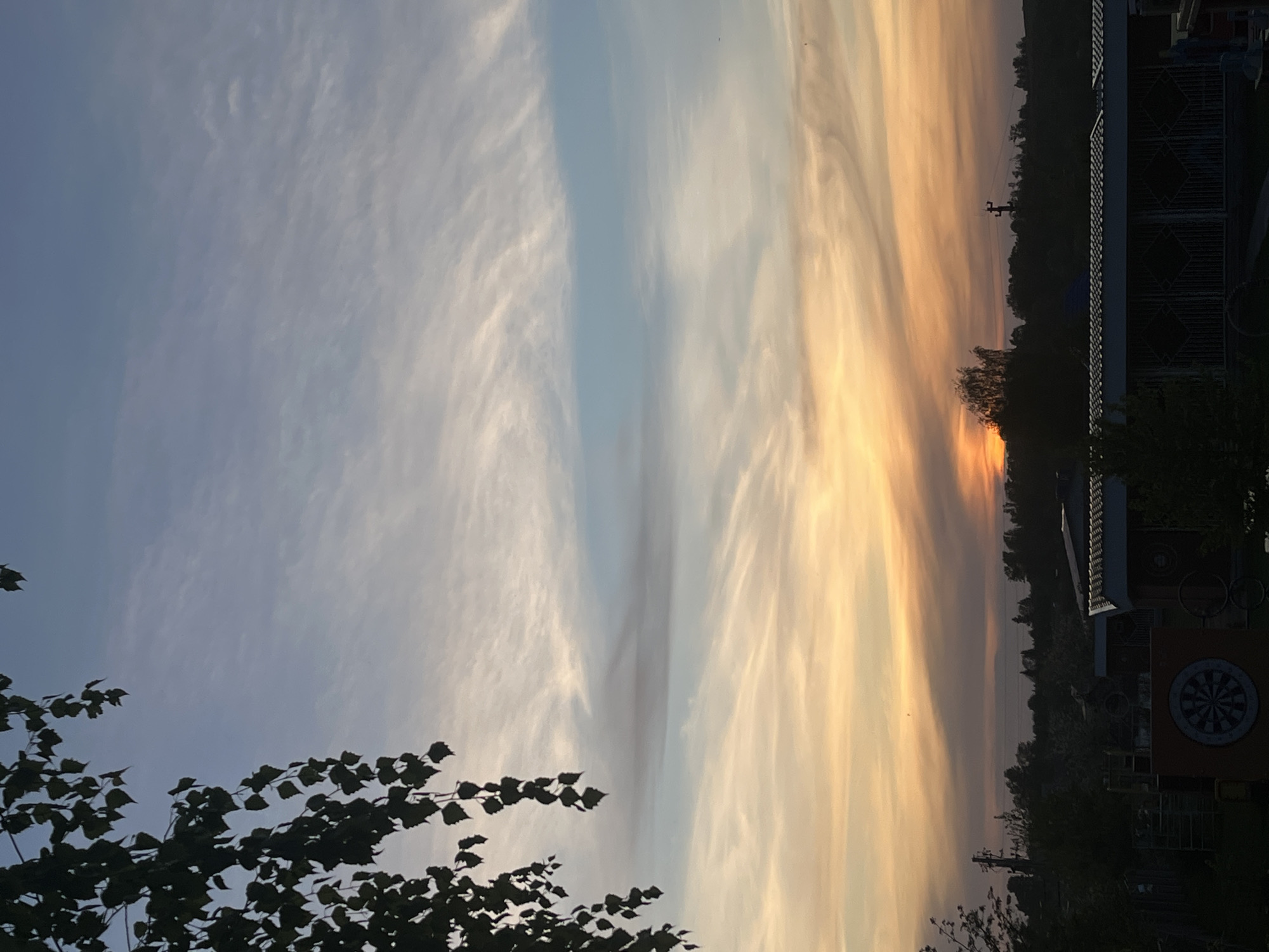 The image shows a sunset in Фоки, Russia. The sky is divided into two sections: the left side is a pale blue with wispy clouds, while the right side is a mix of orange and yellow hues. Silhouetted trees and buildings are visible along the horizon. In the foreground, the dark foliage of a tree branch frames the bottom of the image. A dartboard is visible on a wooden structure in the lower right corner. An electrical transmission tower is barely visible in the middle right horizon.