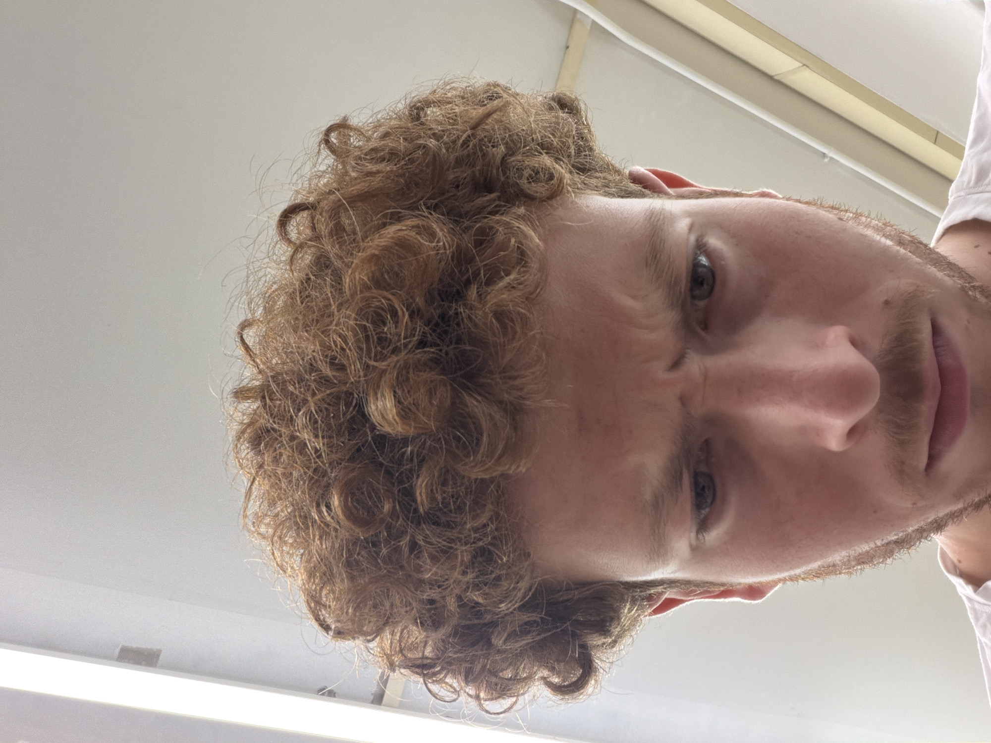 The media file presents a low-angle, close-up portrait of a person, likely male, positioned horizontally across the frame. The subject has a head of voluminous, curly, reddish-brown hair and light stubble or a short beard of similar color. They are looking downwards towards the camera with a furrowed brow, conveying an expression of intensity, concentration, or slight quizzicalness. Their eyes are clearly visible, directed downwards. A portion of their nose, mouth, and chin are also in view. A glimpse of a white t-shirt is visible on the far right of the image.
The background consists of a plain, light-colored ceiling, which appears vertically oriented due to the image's rotation. Linear light fixtures are visible in the upper right and lower left sections of the background, indicating an indoor setting with artificial lighting. The lighting on the person is bright and even. There is no visible text. The location is an indoor environment in New York, United States of America.