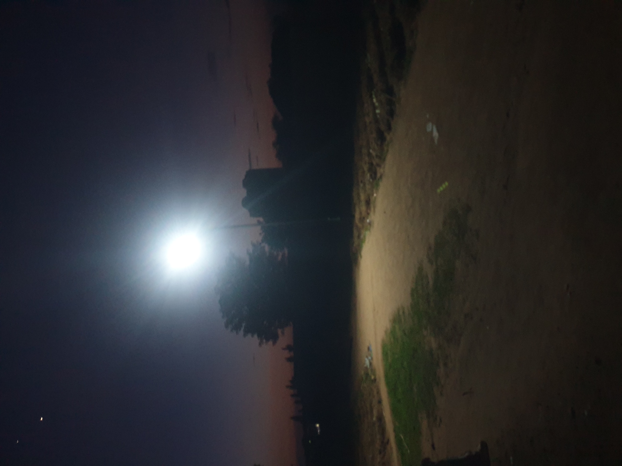 The image depicts an outdoor scene at either late dusk or early dawn, illuminated by a prominent artificial light source. A bright white street light is positioned slightly above the central-right, casting a strong glare that extends into the upper-middle and right sections of the frame. The sky above is a dark blue-grey, transitioning to a faint reddish-orange hue at the horizon on the right. Two small, bright celestial objects are visible in the upper-left quadrant of the sky.
In the foreground, an unpaved dirt path or road curves from the lower-left towards the middle-right. Patches of green grass are visible on the left side of this path. The ground alongside the path consists of dry earth and sparse vegetation. In the midground, a large, dark silhouette of a tree is present to the left of the street light, partially obscured by the light's intensity. Further to the right, behind the light, another large, dark, indistinct silhouette, possibly a building or dense foliage, stands against the horizon. A faint, distant light source is visible in the far left background. The overall environment appears to be an undeveloped or semi-rural area. No people or specific actions are discernible within the scene, which is located in the city of Unknown, Unknown.