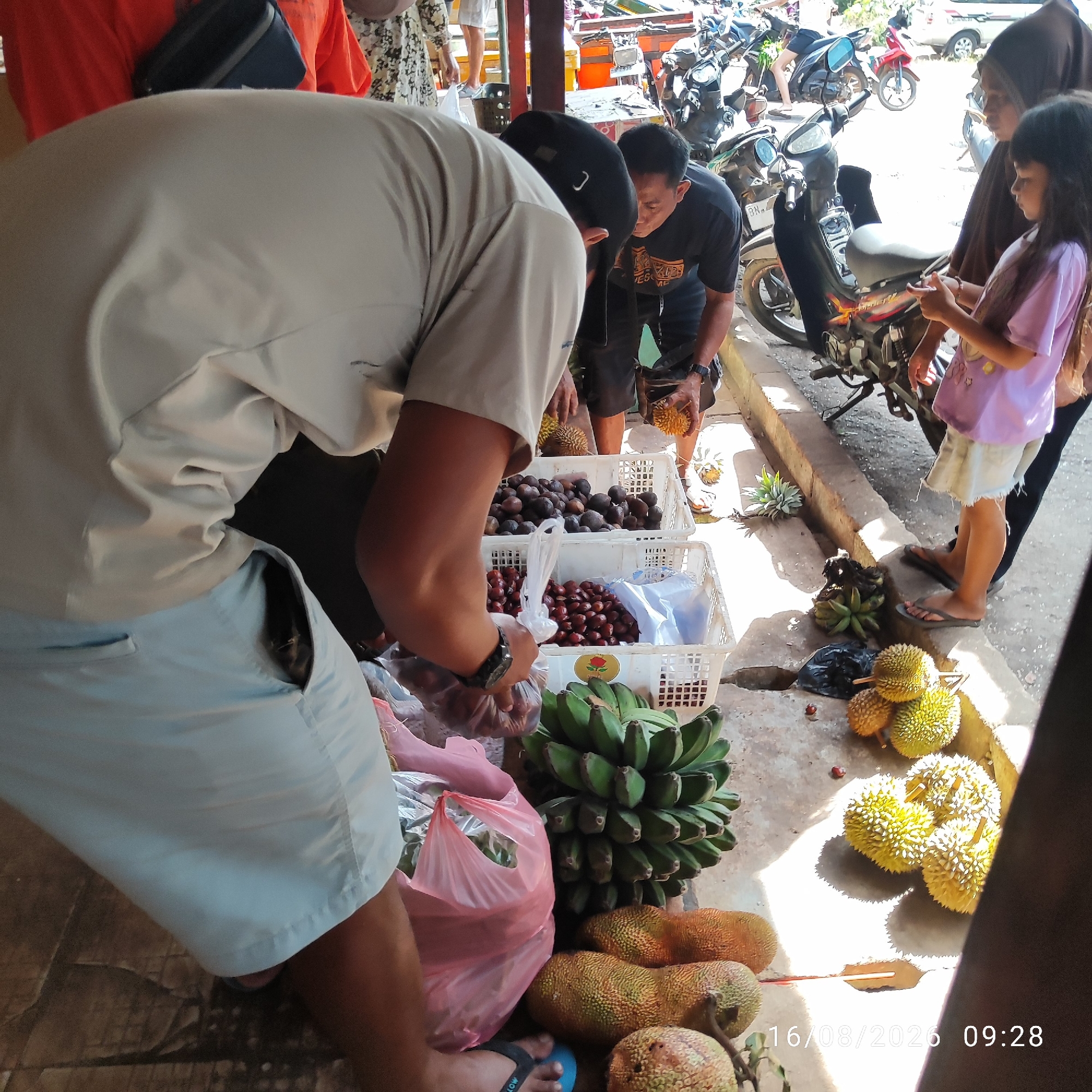 The image depicts an outdoor market scene in Pembaharuan, Indonesia, on August 16, 2026, at 09:28. In the foreground, a person wearing a light-colored shirt and blue shorts is bent over, interacting with a white plastic basket filled with small, dark-colored fruits. Beside this basket is another white plastic basket containing red fruits, and a large bunch of green bananas. Further to the right, several jackfruit and durians are displayed on the ground and on a rough, concrete surface.
In the mid-ground, another person in a dark t-shirt and shorts is also bent over, holding a durian. Behind them, a woman wearing a brown hijab and a young girl in a purple shirt and light-colored skirt are standing near a motorcycle. The background shows more motorcycles, suggesting a busy roadside market. The ground is paved with concrete and dirt. The lighting indicates it is daytime, with strong shadows suggesting a bright, sunny environment. The overall scene captures a moment of commerce, likely a fruit market, with both vendors and customers present.