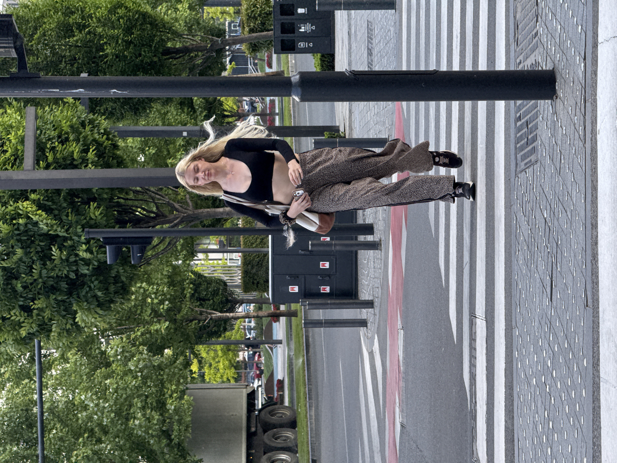 A woman stands in a crosswalk. She has long blonde hair and is wearing a black long-sleeved crop top, and leopard print pants. She has a white purse hanging from her left shoulder, and is holding a cell phone in her right hand. The street is asphalt. To the left is a grassy area with trees. There is a truck parked on the left side of the image. Behind the woman is a black metal lamp post and a black electrical box. The crosswalk has white stripes. The woman is located in Belgrade, Serbia.