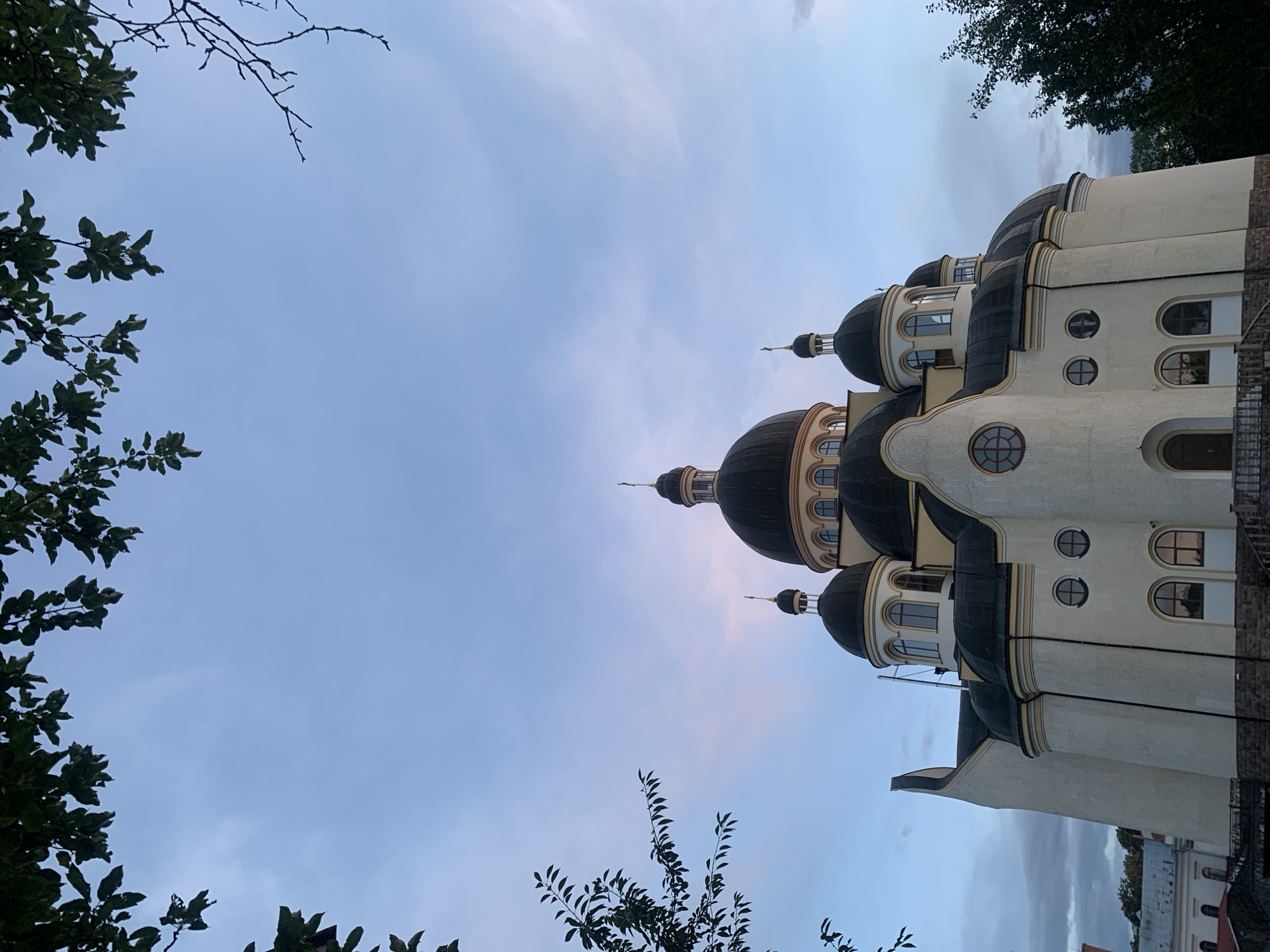 This is a low-angle, full shot of the Church of the Holy Archangel Michael in Kolomyia, Ukraine, under a twilight sky. The church is a grand, white, onion-domed building with multiple domes, the largest centrally located and flanked by smaller ones. The sky is a pale blue with streaks of pink and orange, indicating the transition from day to night. Tree branches with green leaves frame the top of the image, adding a natural element to the architectural scene. The lower portion of the church features arched windows and a dark wooden door. The building is constructed with a textured white facade and a stone base. The scene is peaceful and serene, capturing the majestic presence of the church against the atmospheric sky.