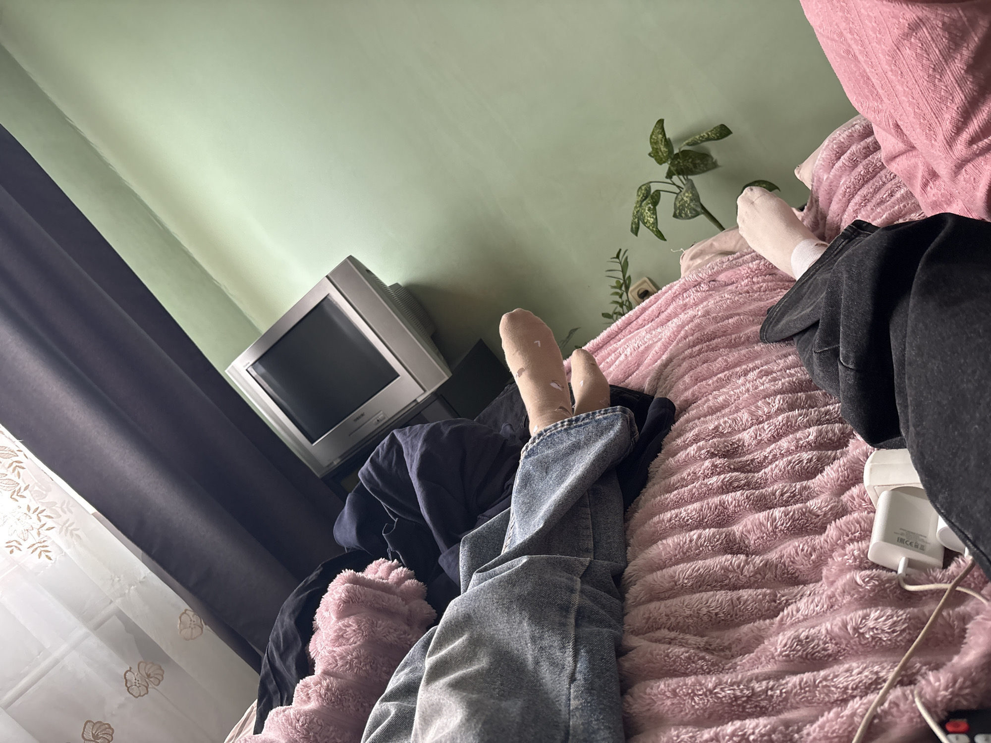 The image shows a person lying on a pink, textured bed in a room with light green walls. The person is wearing jeans and light-colored socks. A vintage television sits on a dark surface next to the bed. A potted plant is near the head of the bed. Curtains are visible in the lower left corner of the frame. A phone charger is also visible. The location of Murino, Russia cannot be independently confirmed from the image.