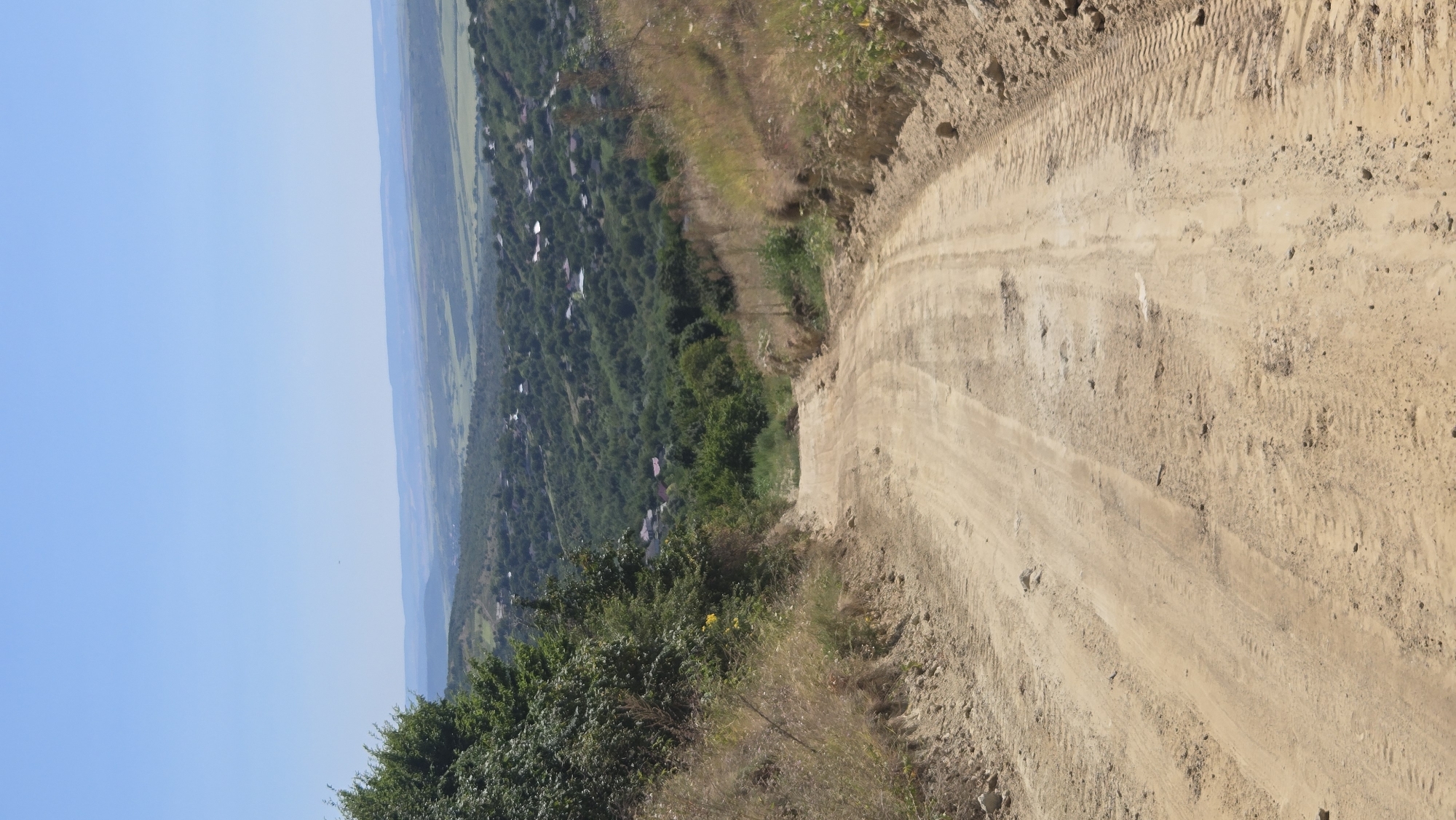 A dirt road descends a hill, leading towards a valley dotted with houses and surrounded by lush green trees. The sky above is clear and blue, indicating a sunny day. The road surface shows signs of recent use, with tire tracks visible in the sandy soil. The surrounding landscape is characterized by rolling hills, covered in dense vegetation. The scene suggests a rural setting, likely in the commune of Bălănești, Moldova, given the description provided.
